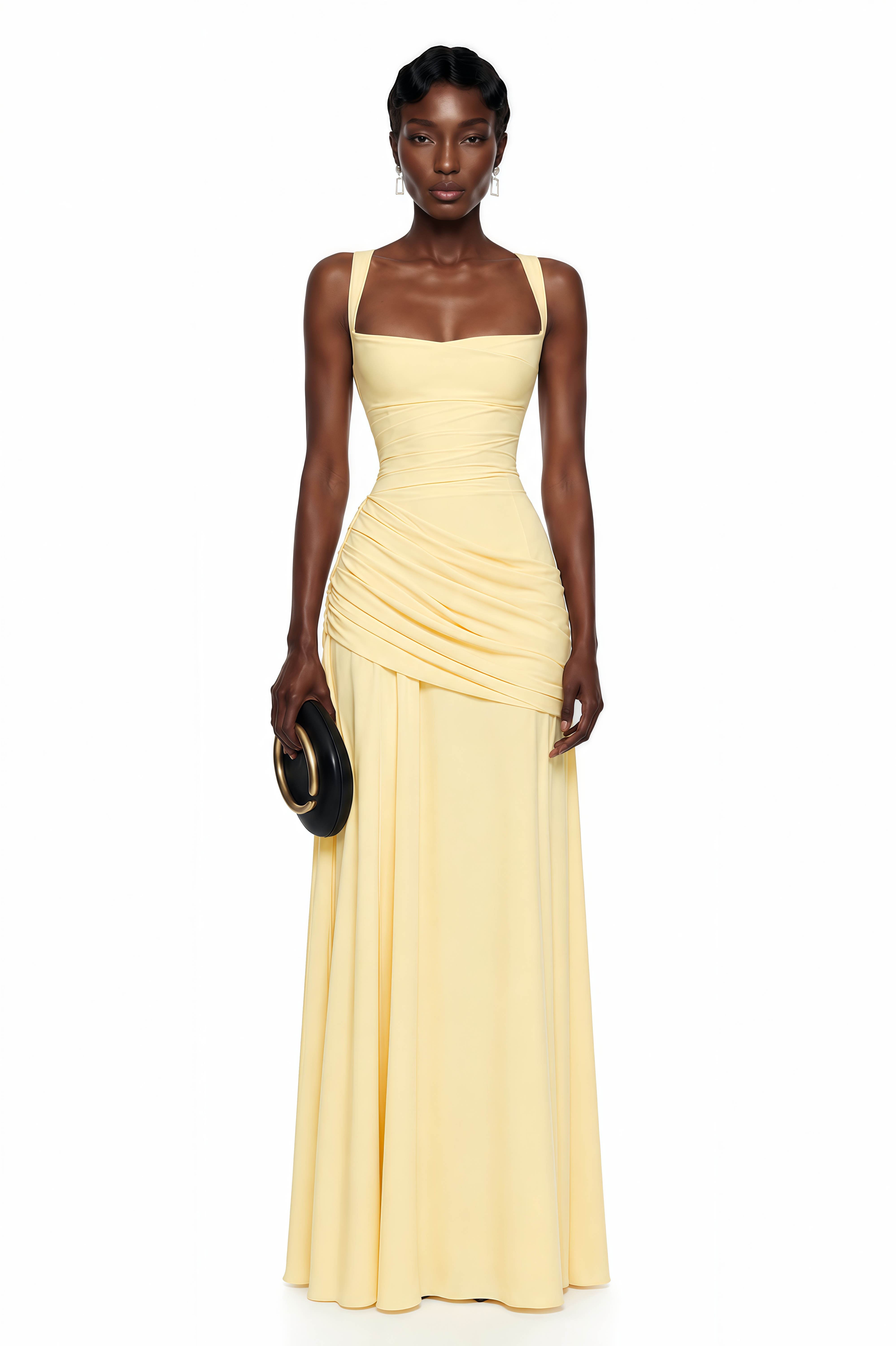 Robe longue jaune à larges bretelles, avec un corsage froncé et une jupe drapée asymétrique
