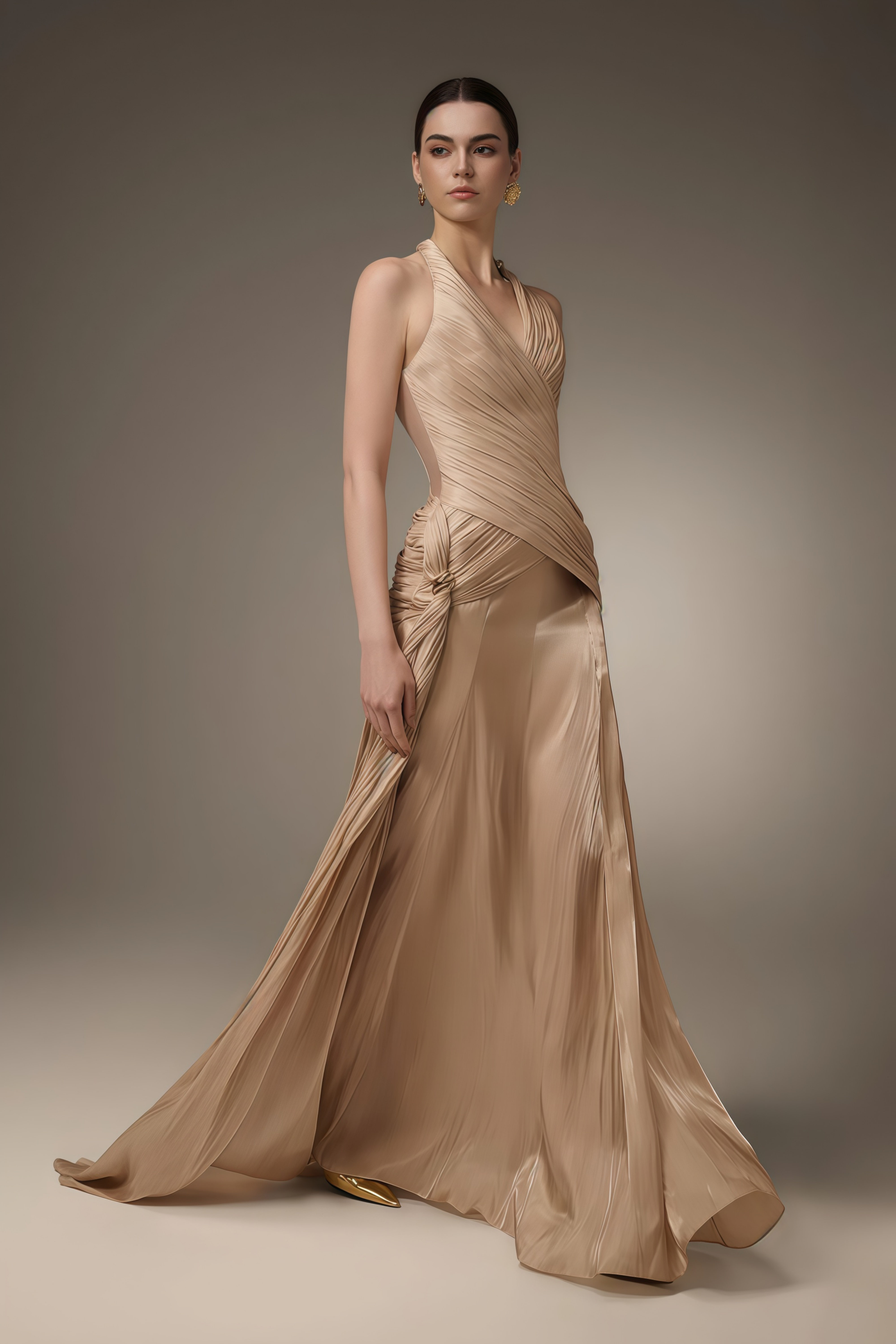 Sapir Bronze Halterneck Satin Maxi Dress with Ribbon (Final Sale-US Only)