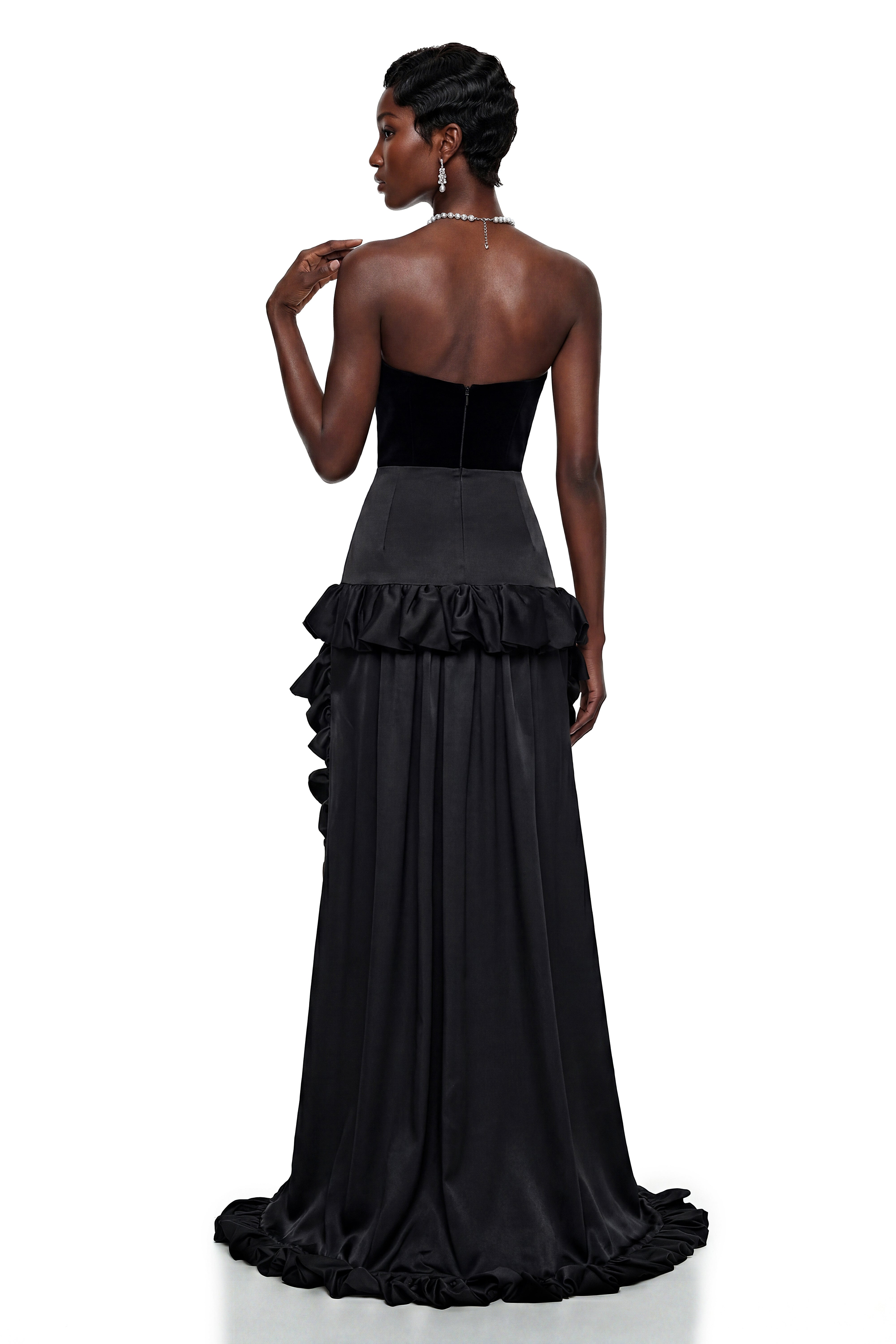 Saveria Black Ruffled High-Low Satin Skirt (Final Sale-US Only)