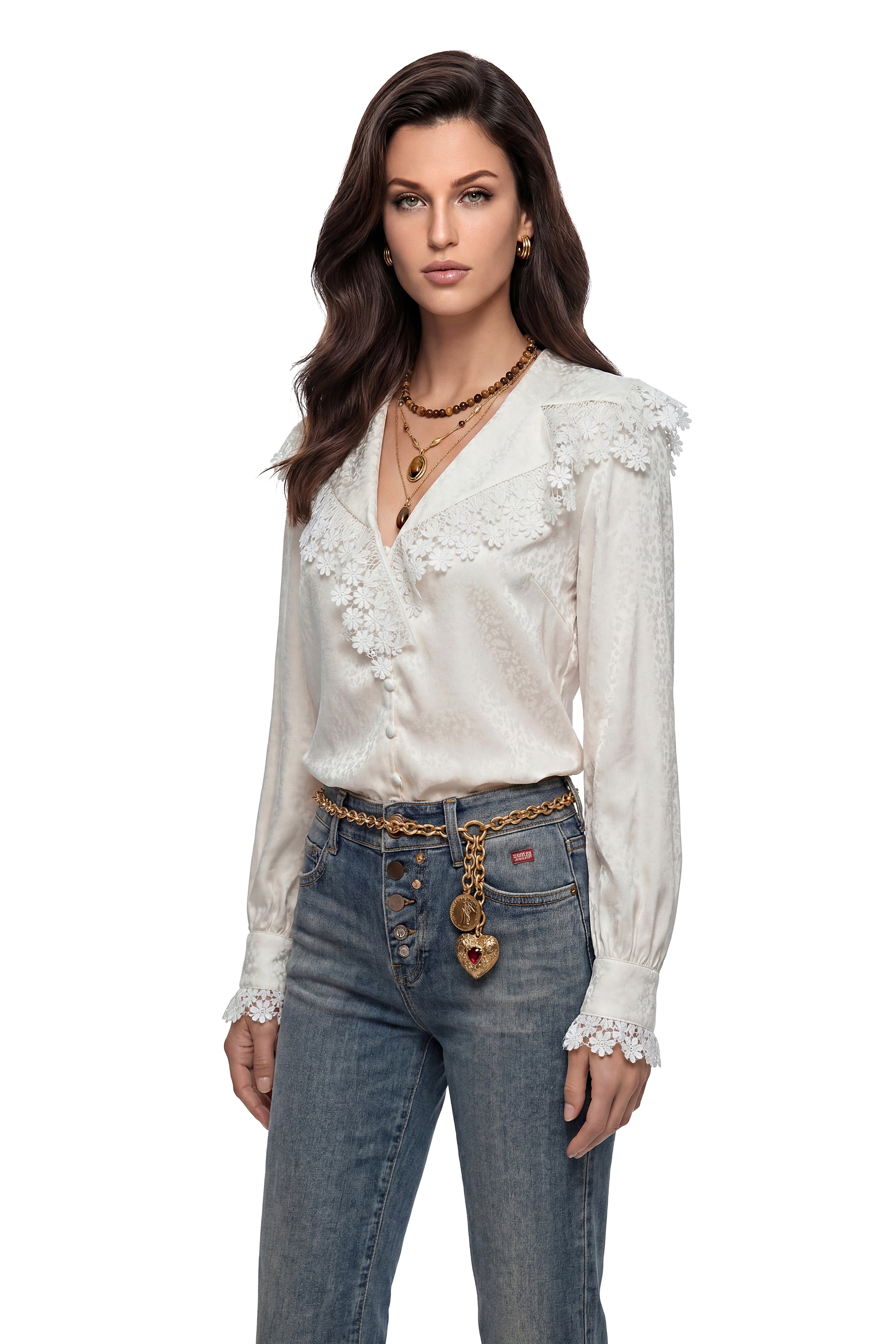Scylla White V-Neck Floral Lace Cape Blouse