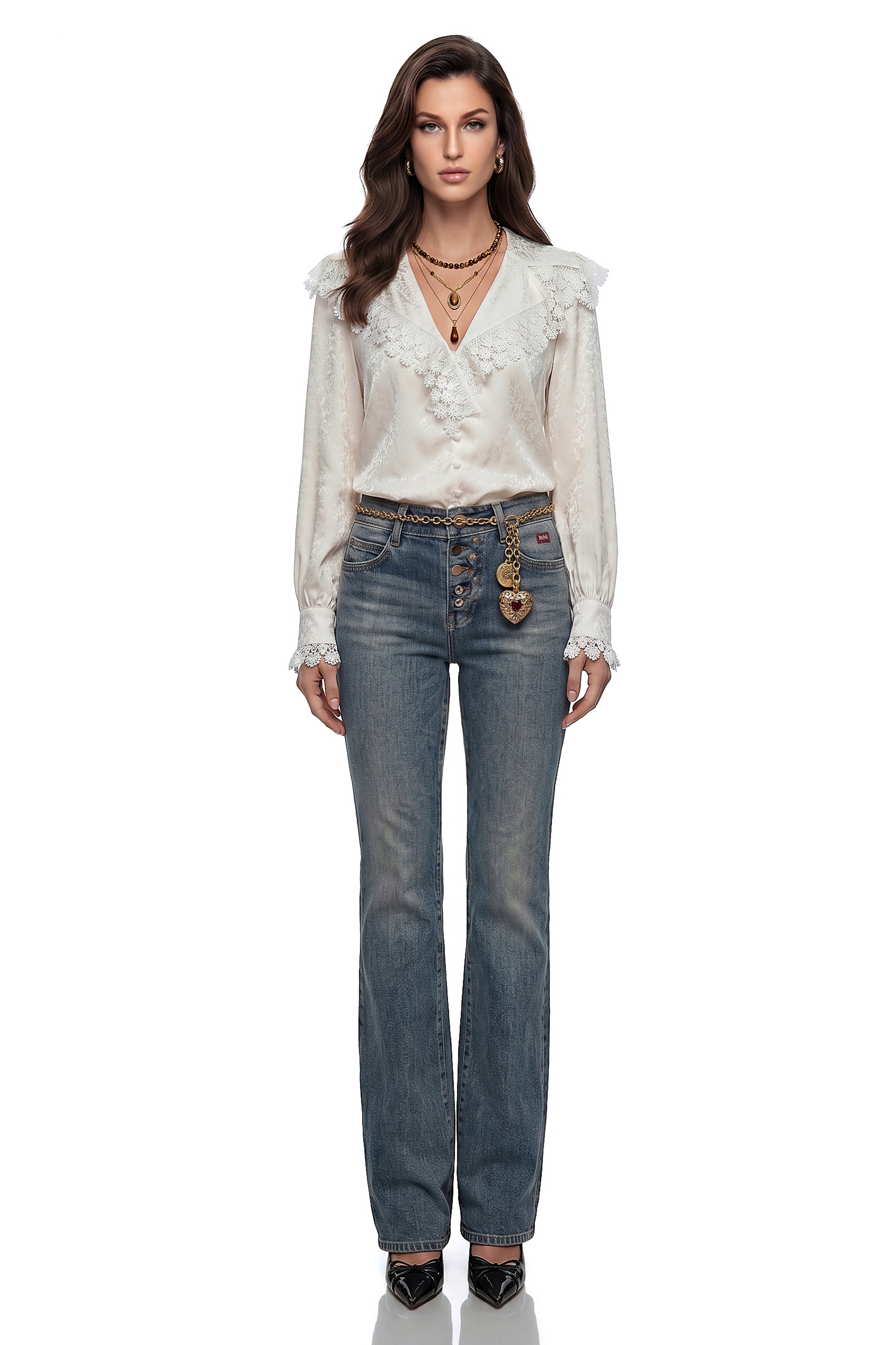 Scylla White V-Neck Floral Lace Cape Blouse