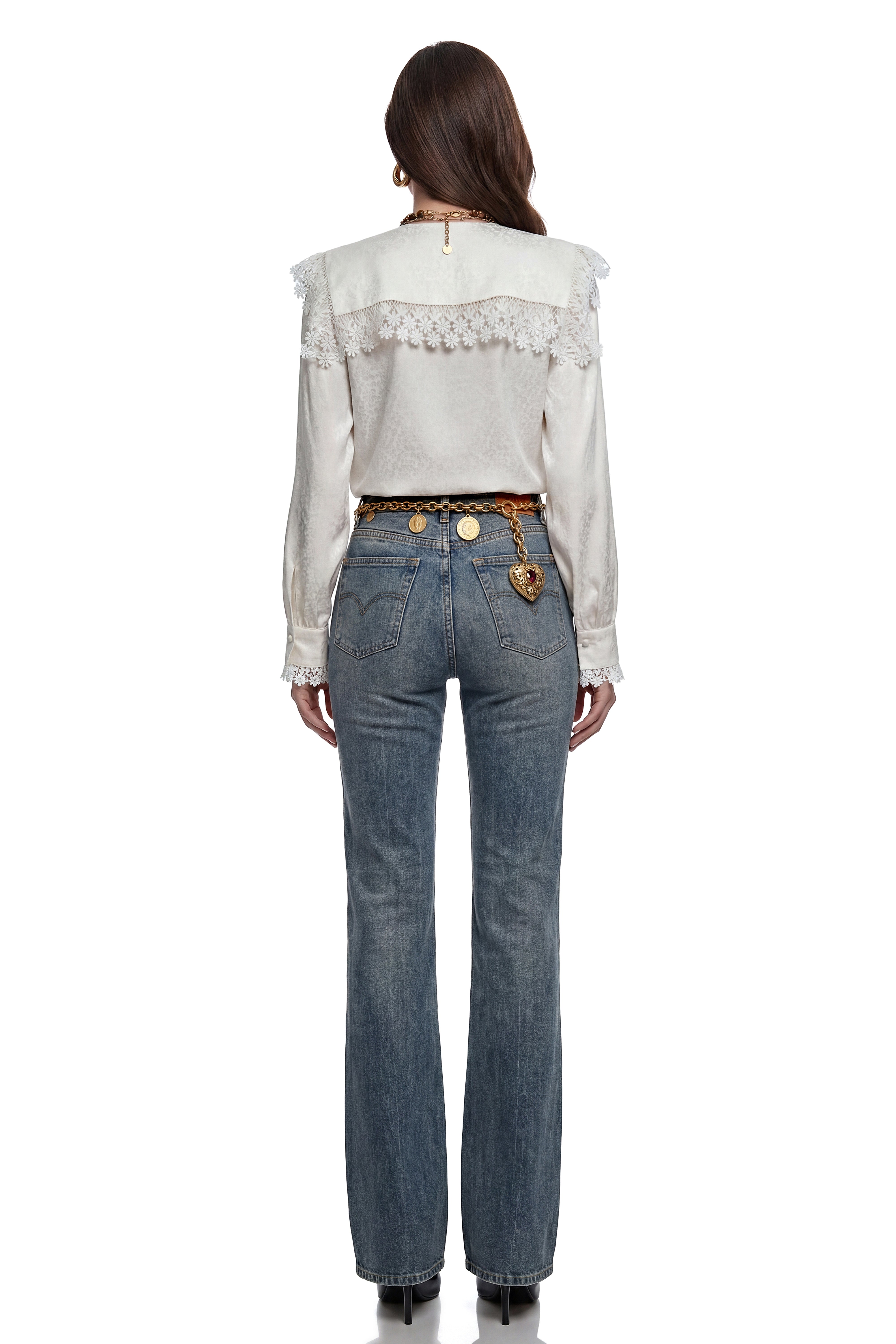 Scylla White V-Neck Floral Lace Cape Blouse