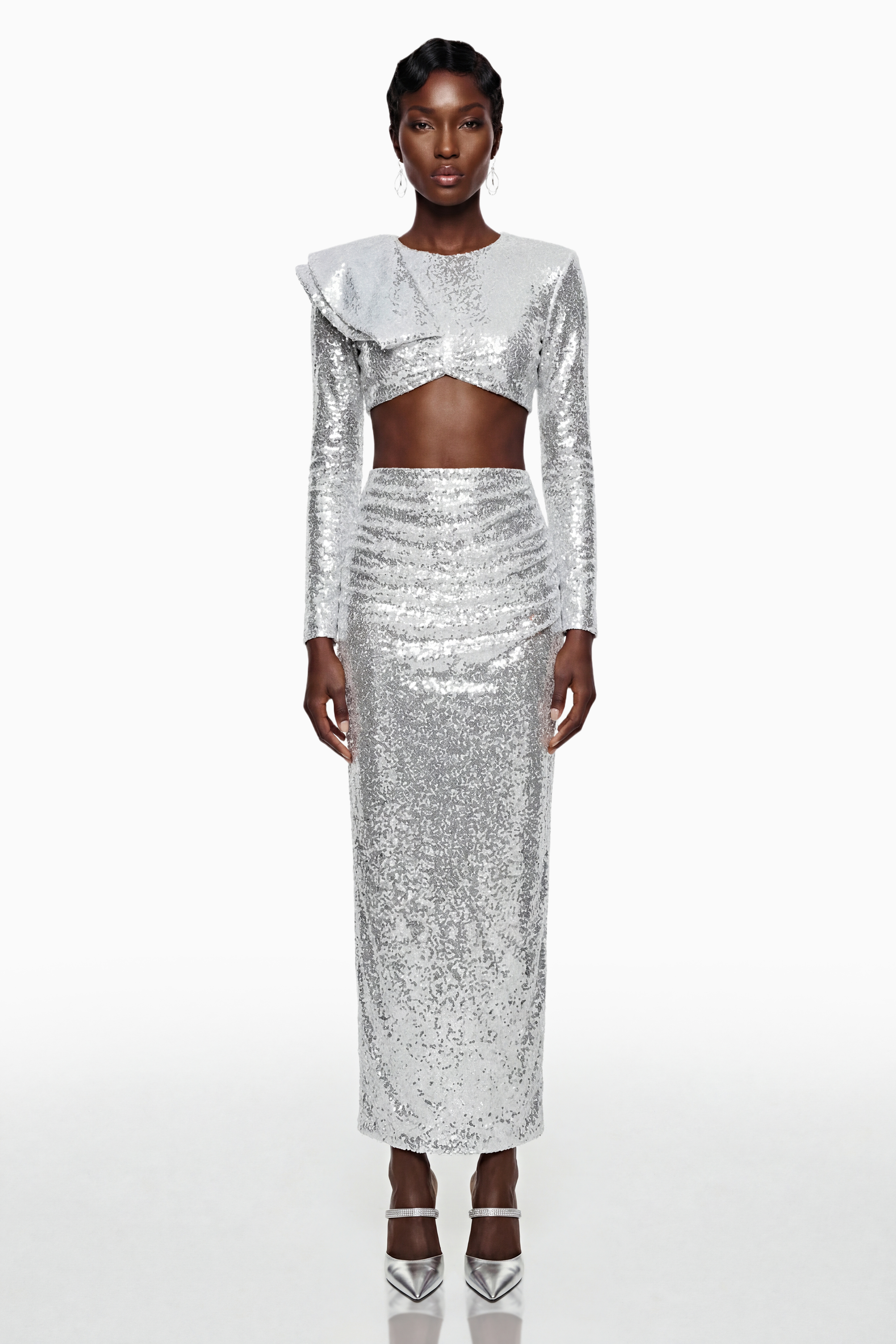 Selah Silver Asymmetrical Top & Skirt Set with Slit (Final Sale)