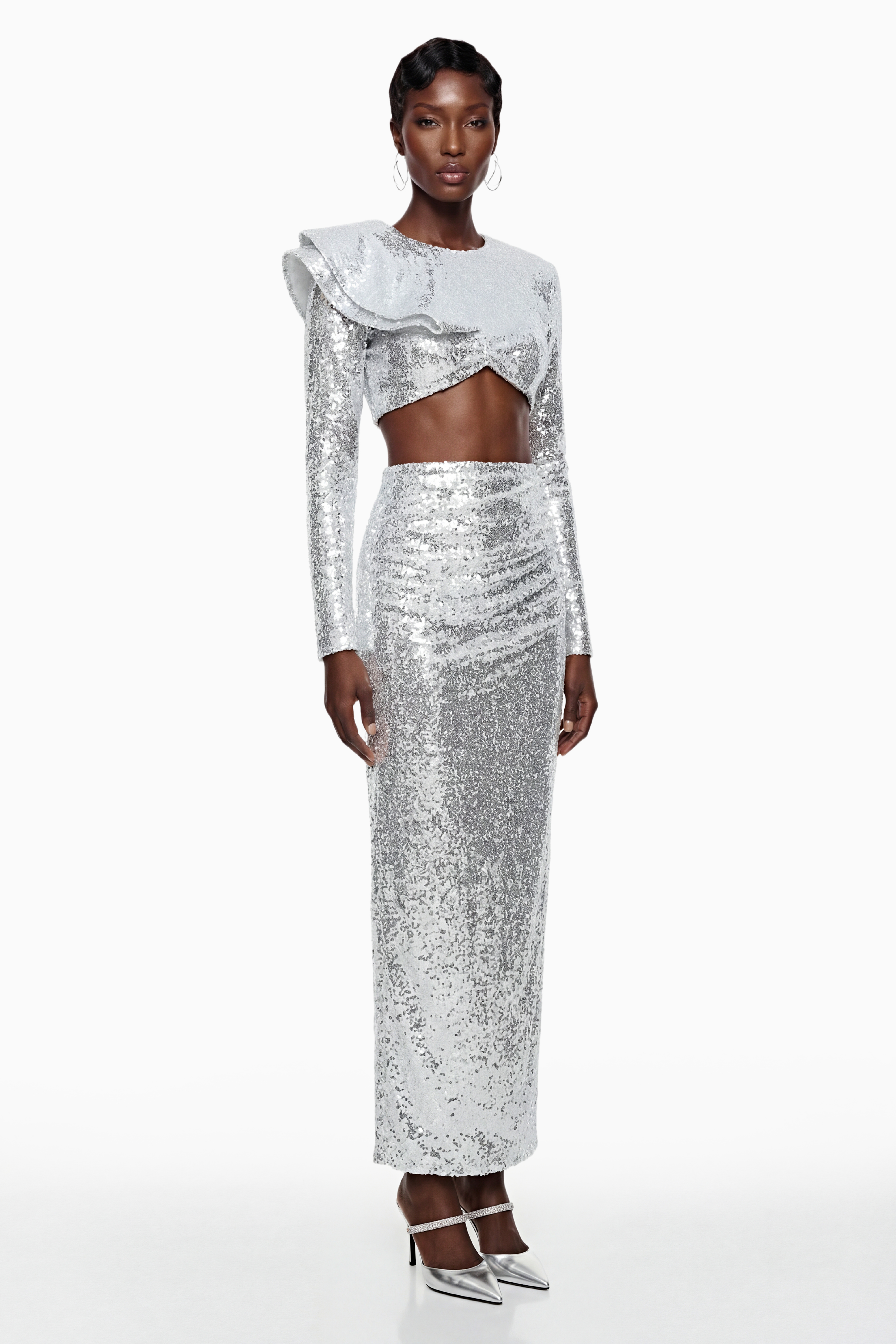 Selah Silver Asymmetrical Top & Skirt Set with Slit (Final Sale)