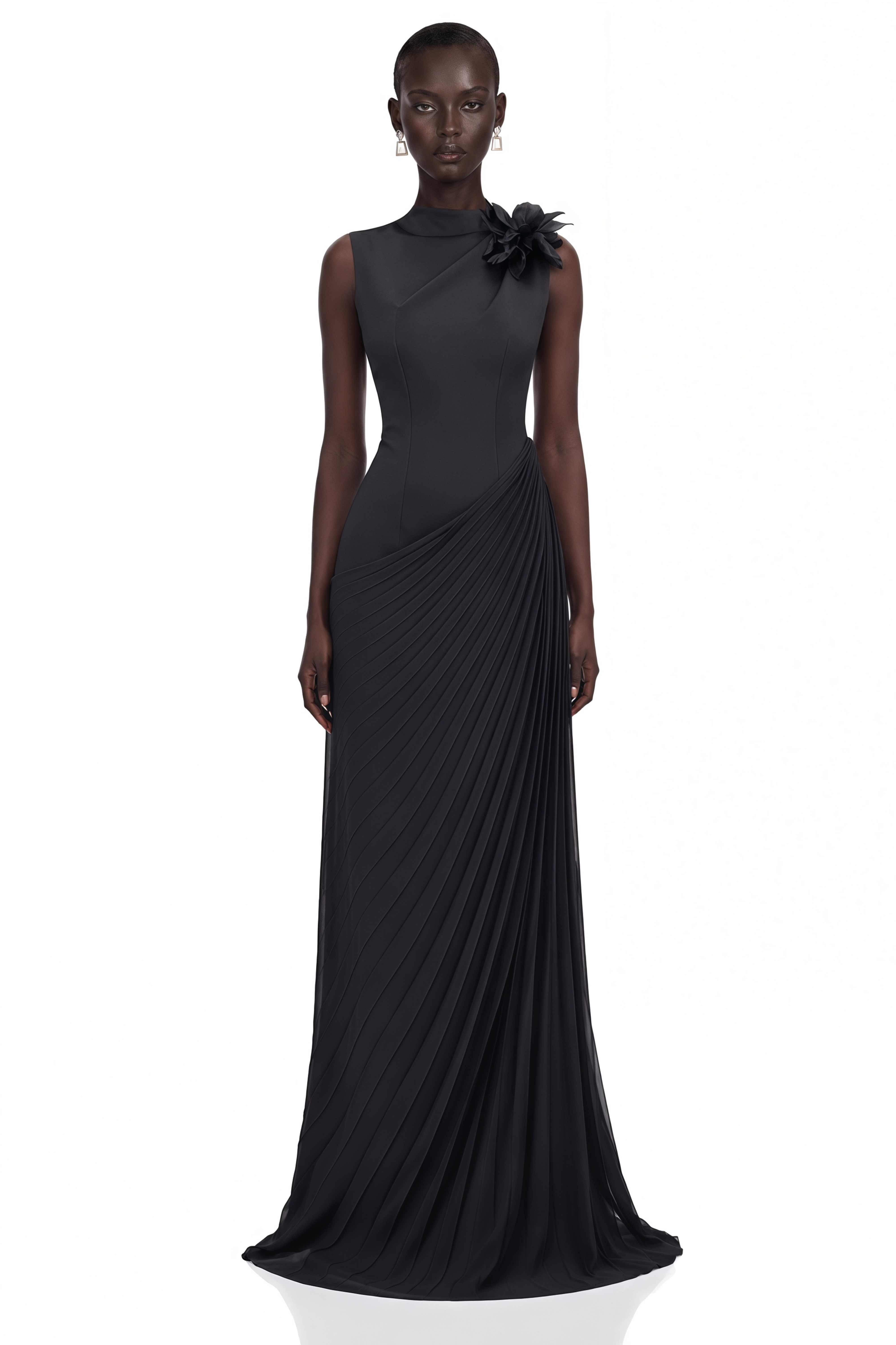 Vivienne Black Sleeveless Pleated Maxi Dress with Floral Applique