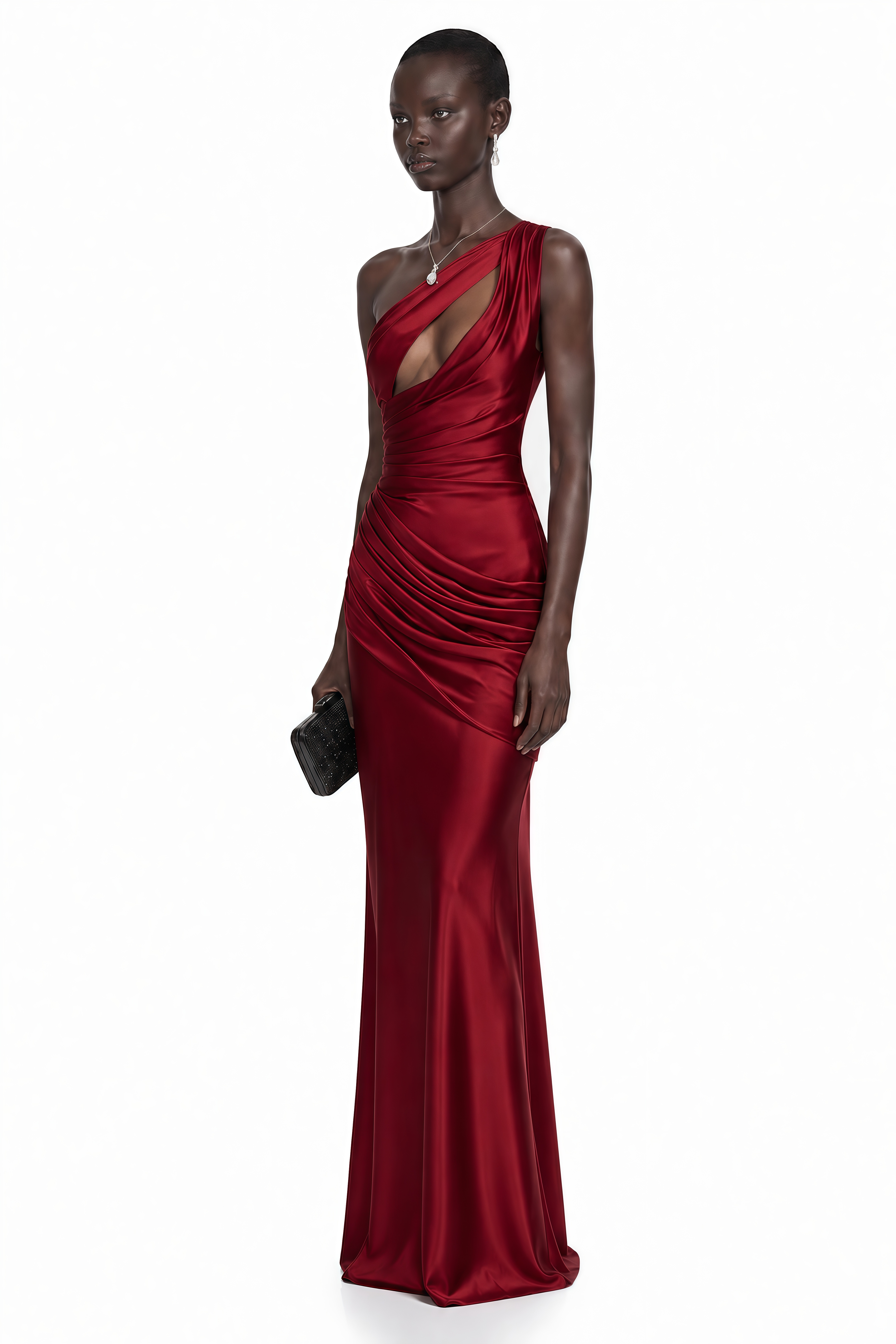 Red satin one-shoulder maxi dress with a cutout bodice and draped details