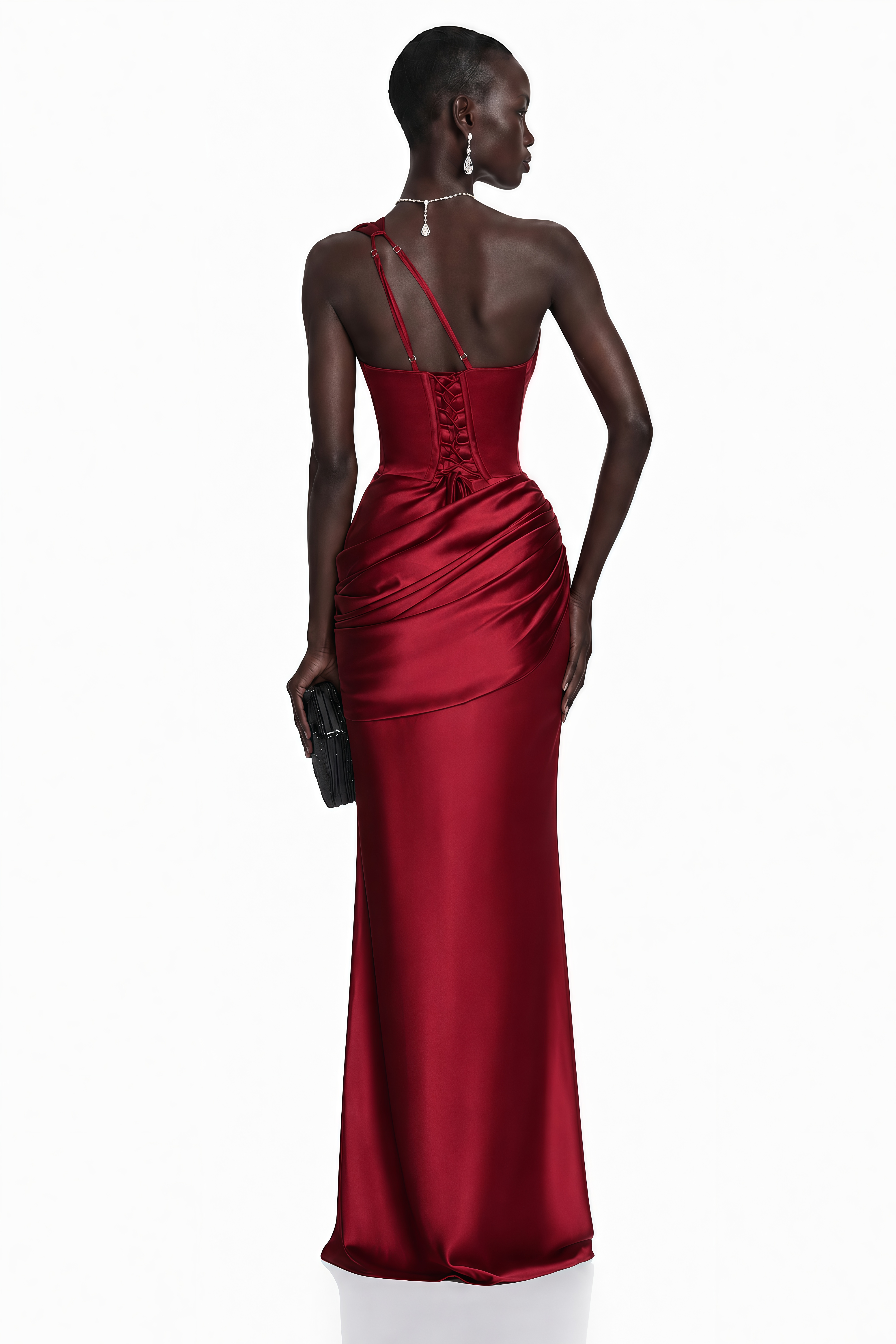 Red satin one-shoulder maxi dress with a cutout bodice and draped details