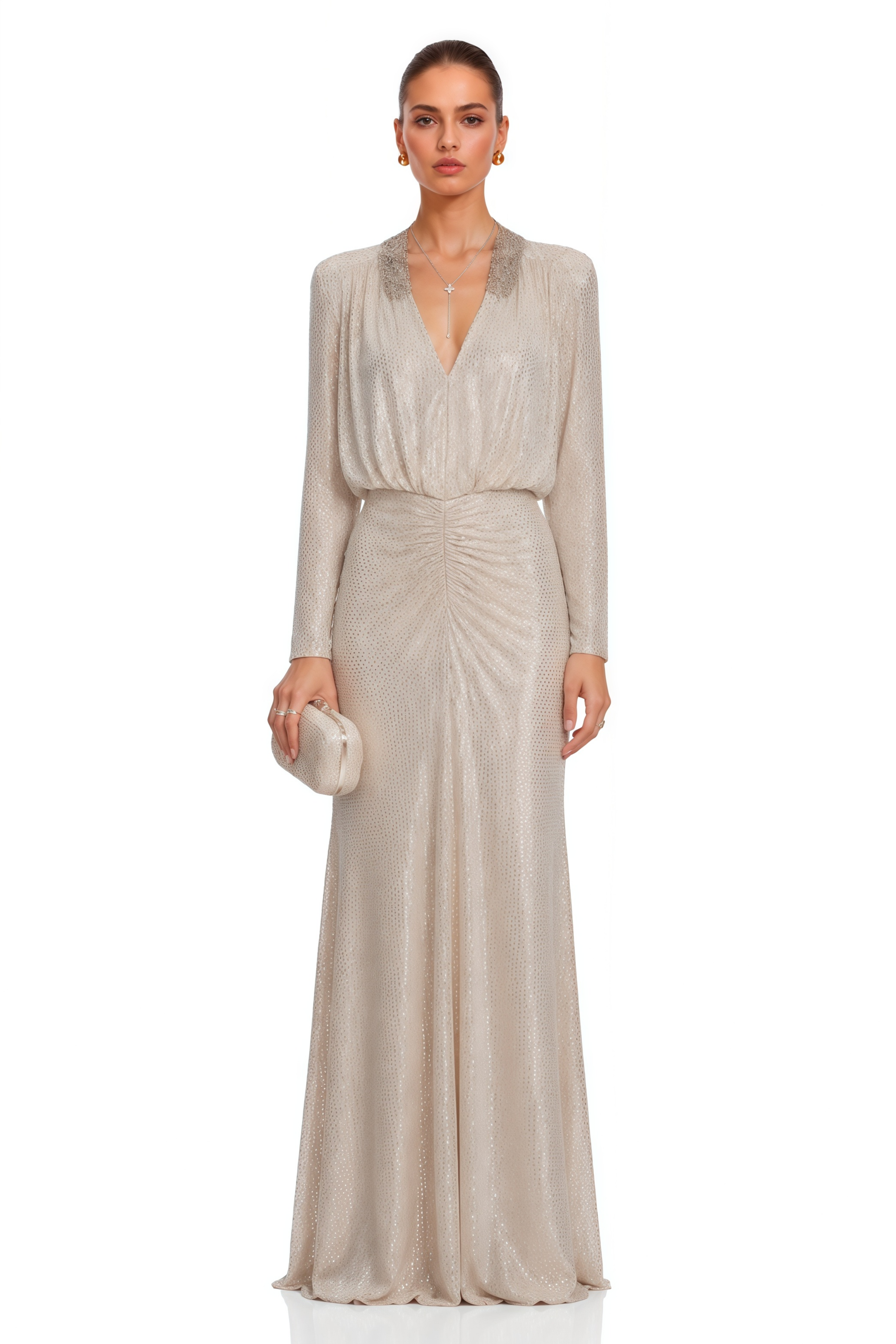 Robe longue à manches longues et col en V « Seraphina » à paillettes argentées
