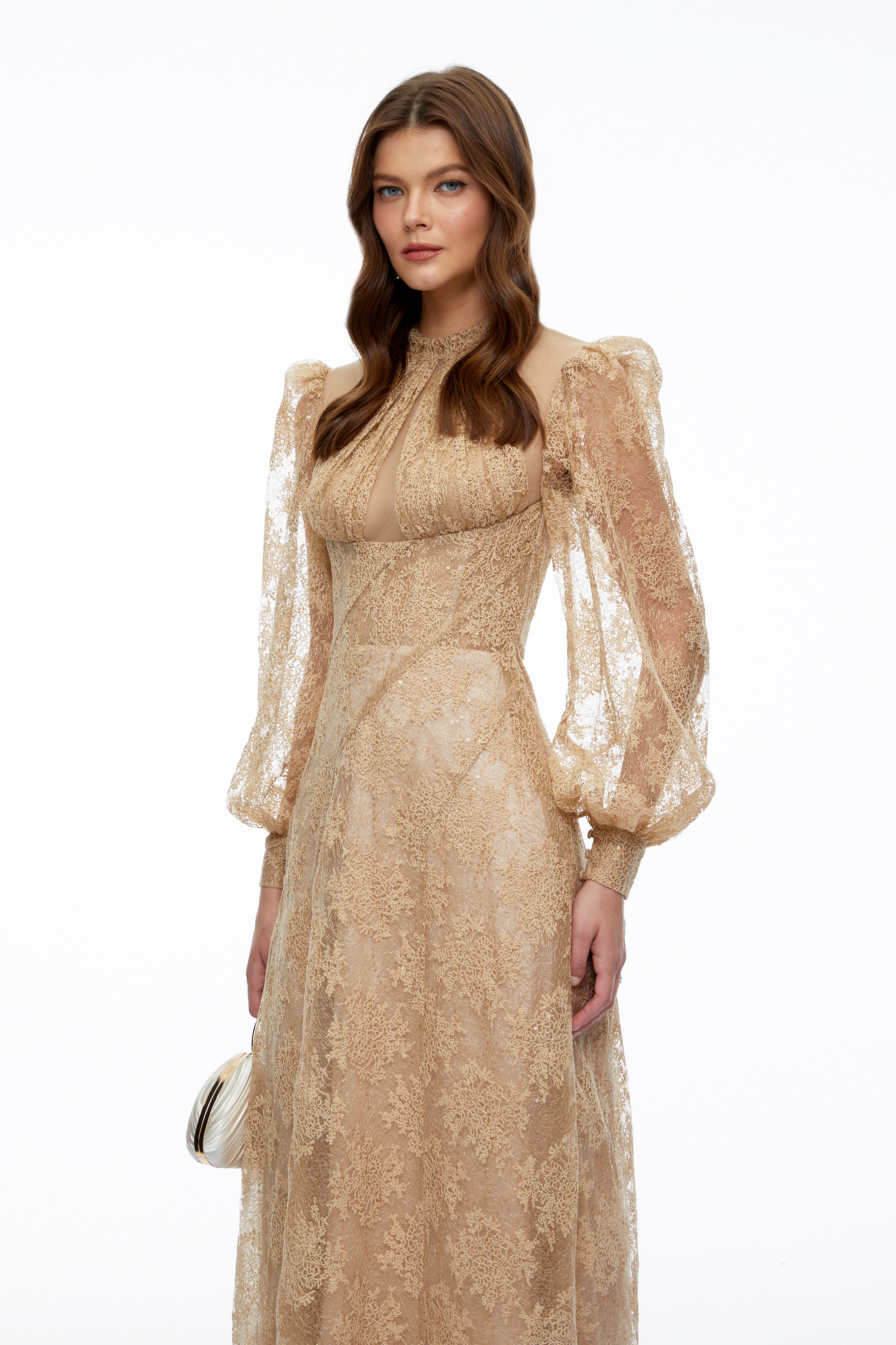 Serena Neutral Floral Lace Long Sleeves Maxi Dress