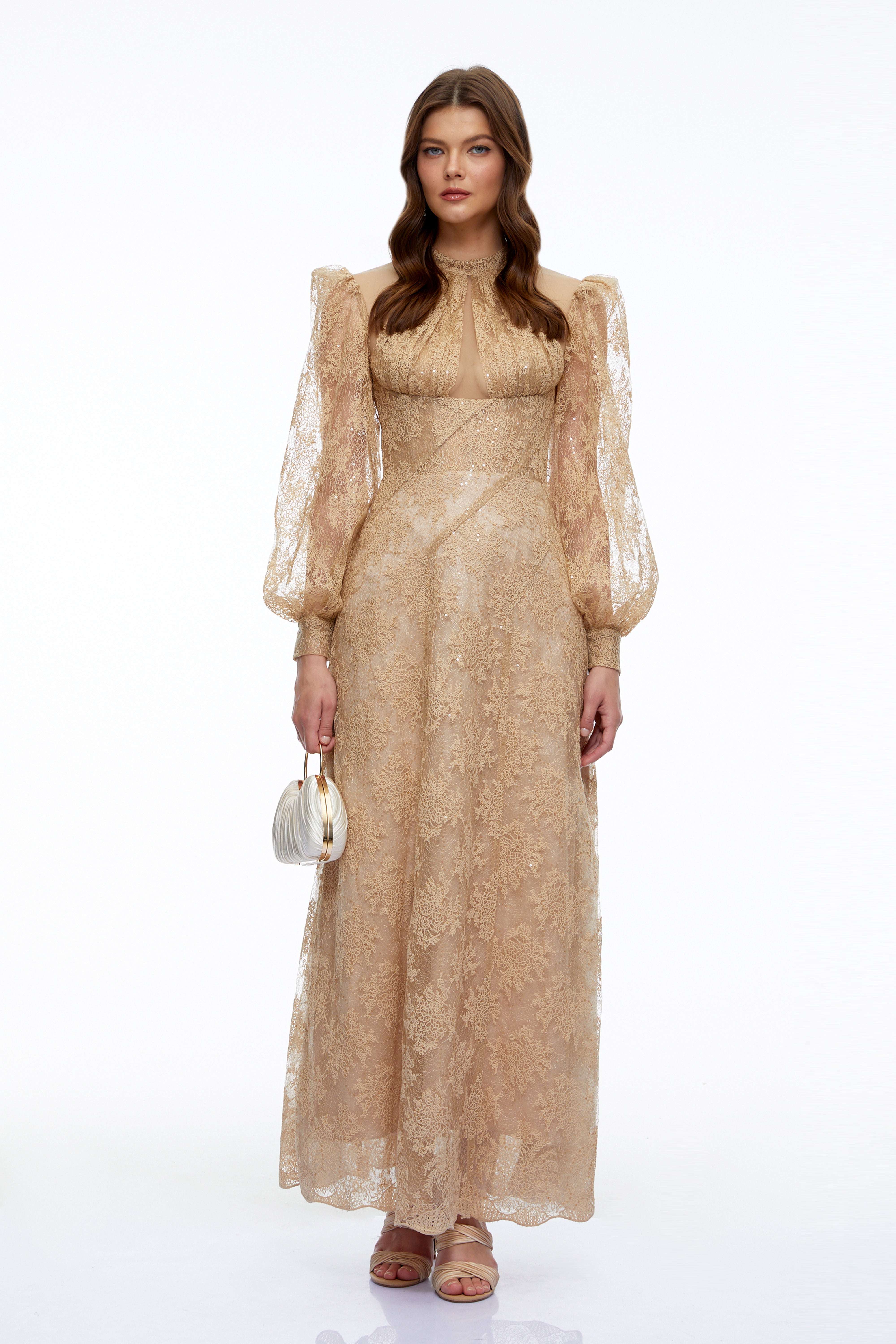 Serena Neutral Floral Lace Long Sleeves Maxi Dress