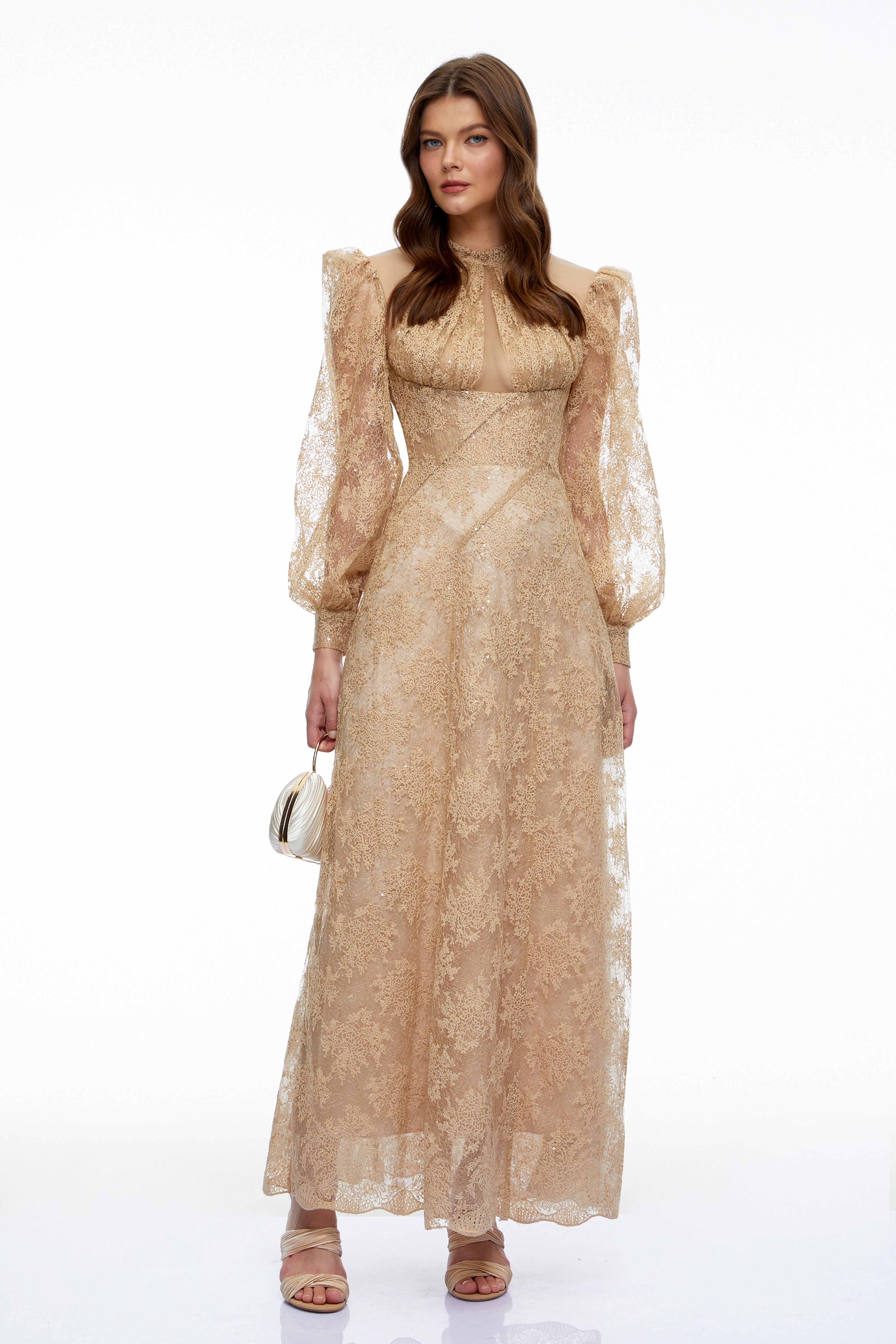 Serena Neutral Floral Lace Long Sleeves Maxi Dress