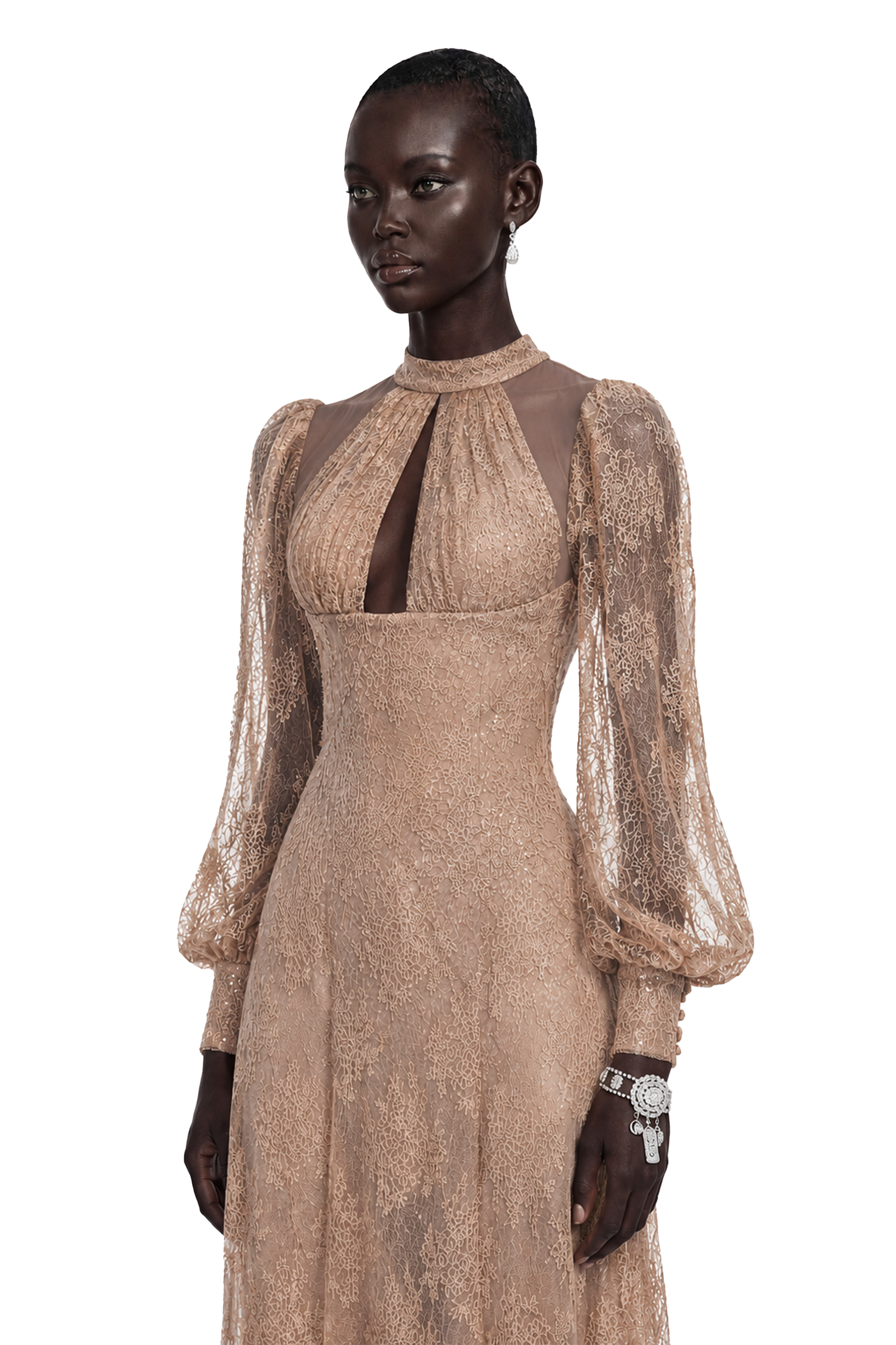 Serena Neutral Floral Lace Long Sleeves Maxi Dress