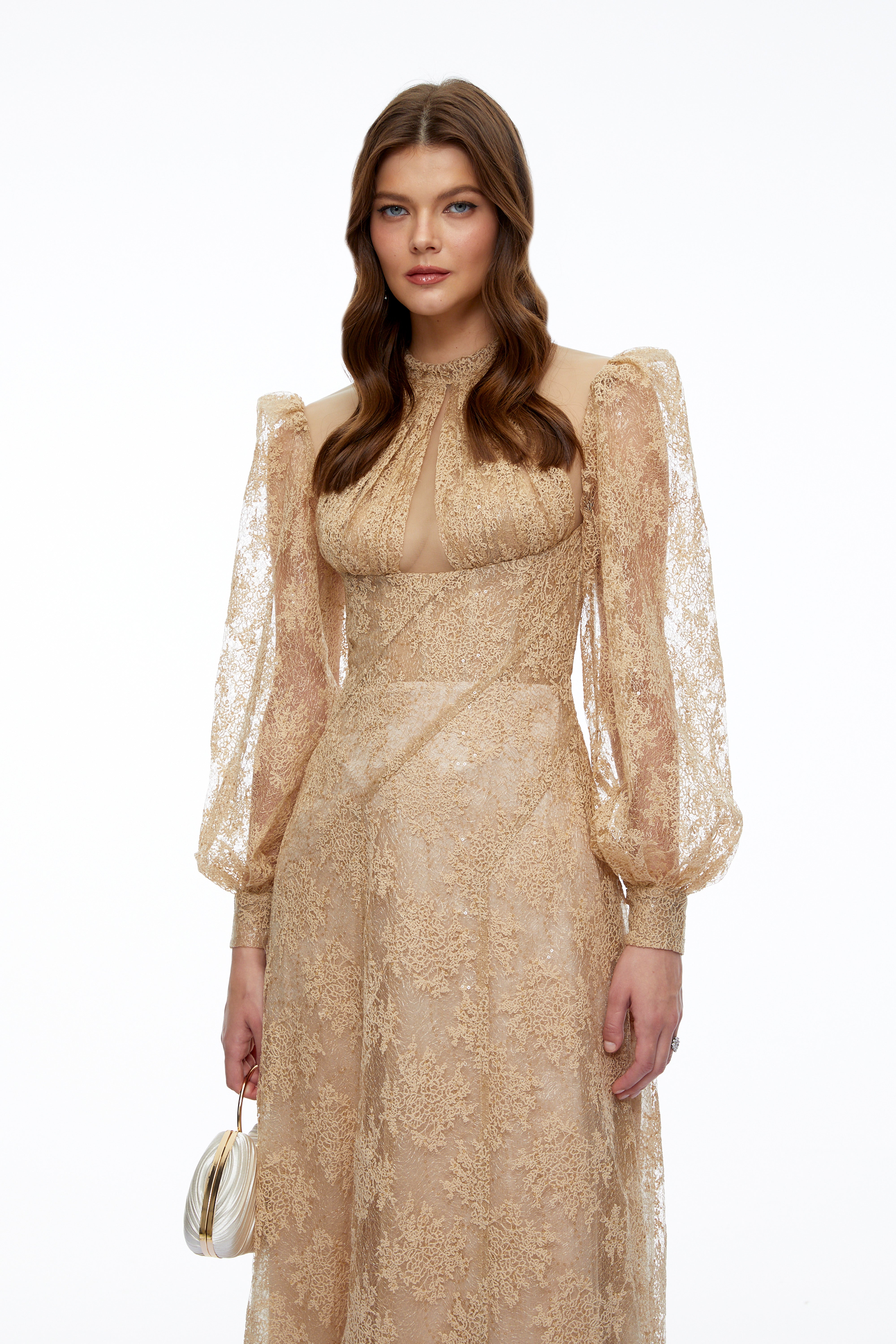 Serena Neutral Floral Lace Long Sleeves Maxi Dress