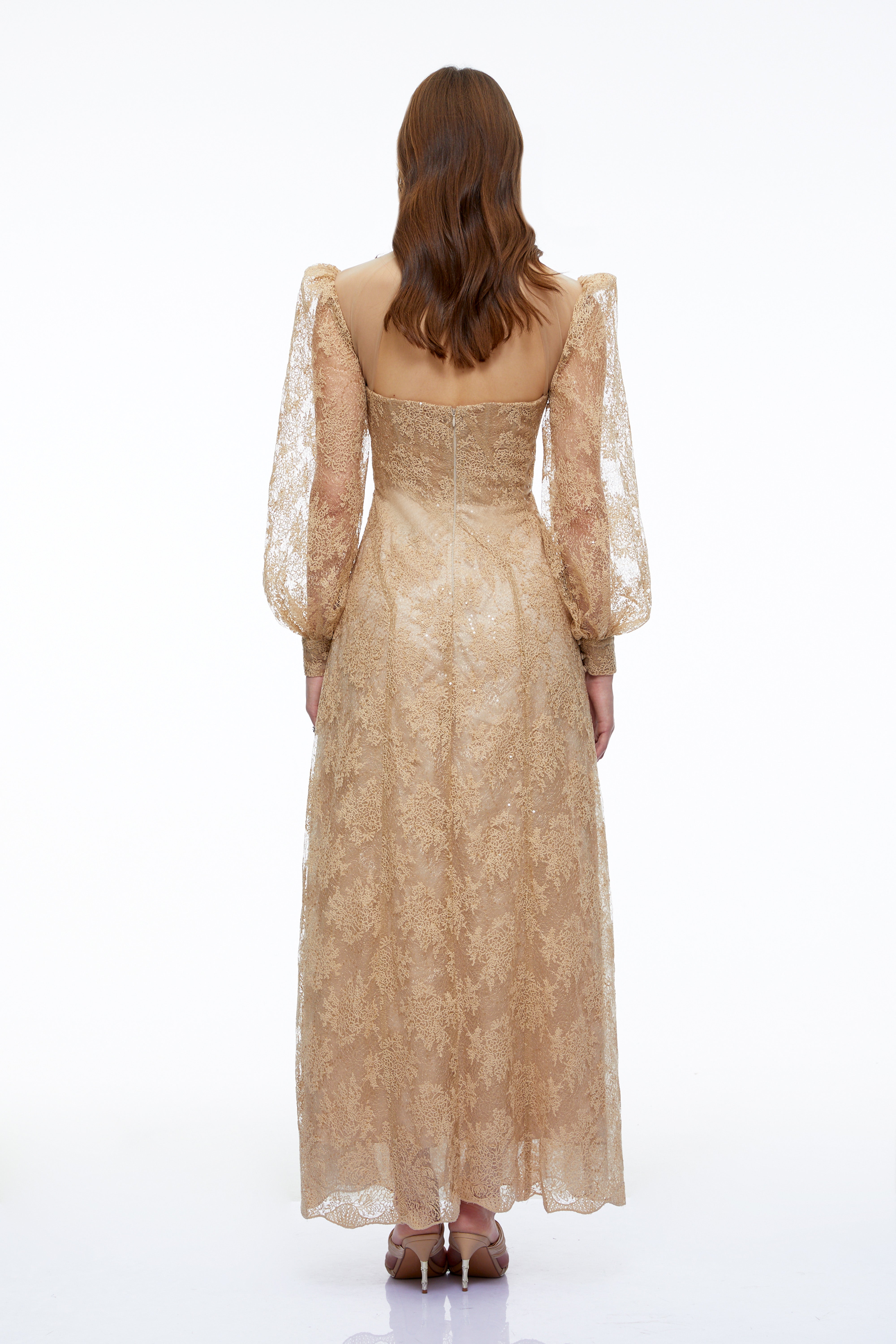 Serena Neutral Floral Lace Long Sleeves Maxi Dress