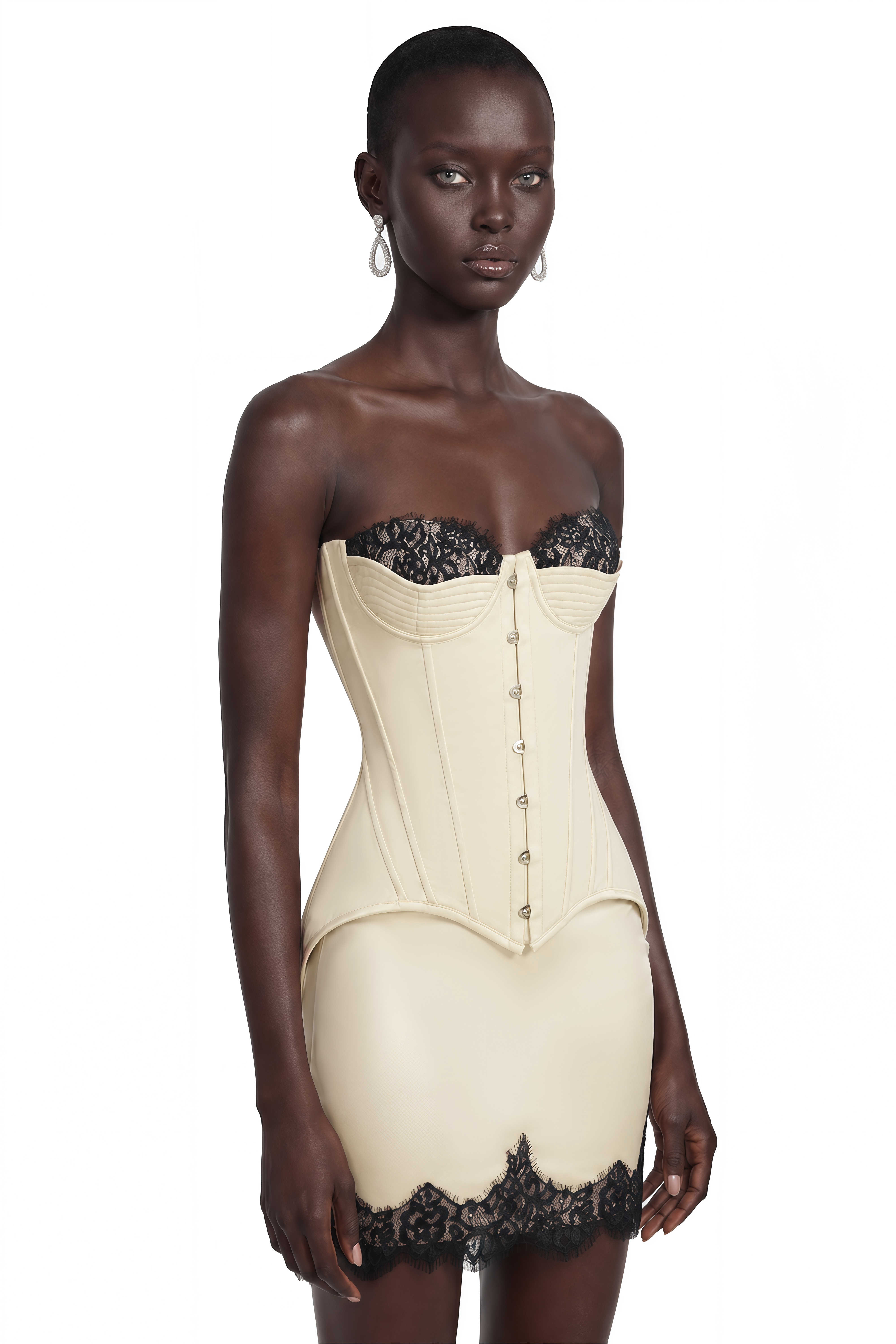 Cream strapless mini dress with a peplum corset and black lace trim