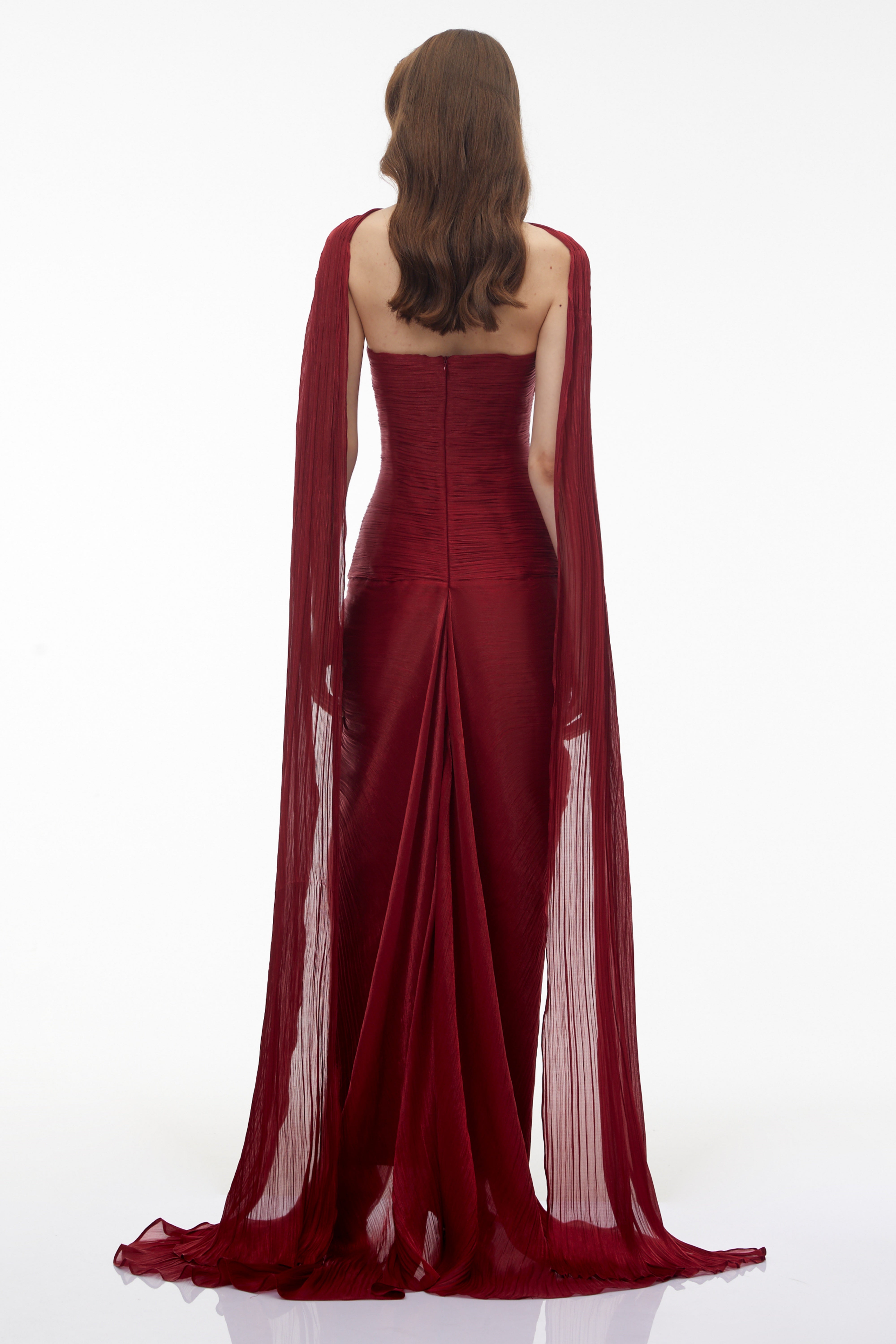 Burgundy Silk-Satin Gown & Asymmetrical Cape