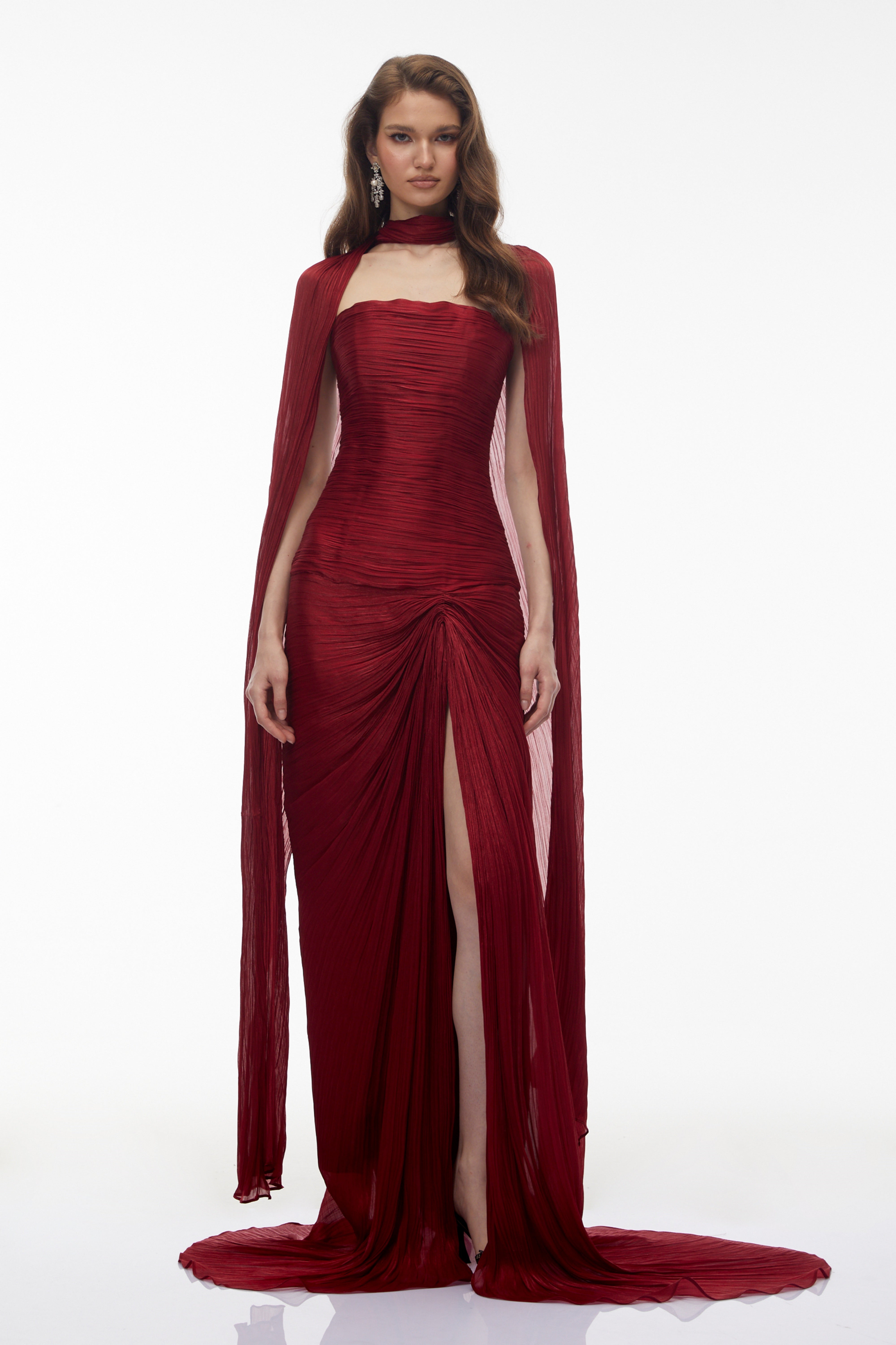 Burgundy Silk-Satin Gown & Asymmetrical Cape