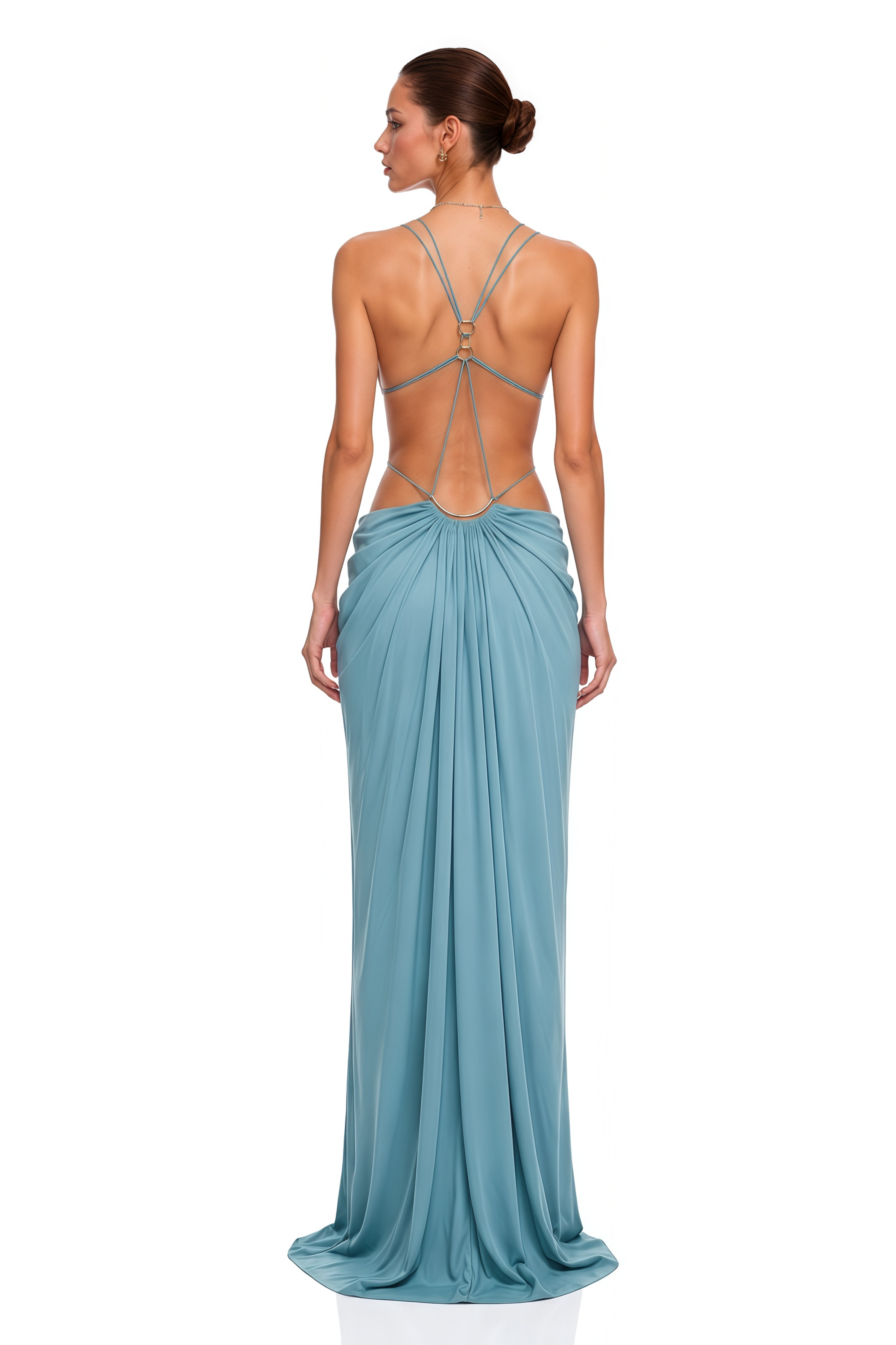 Robe longue bleu sienne à découpes et col licou