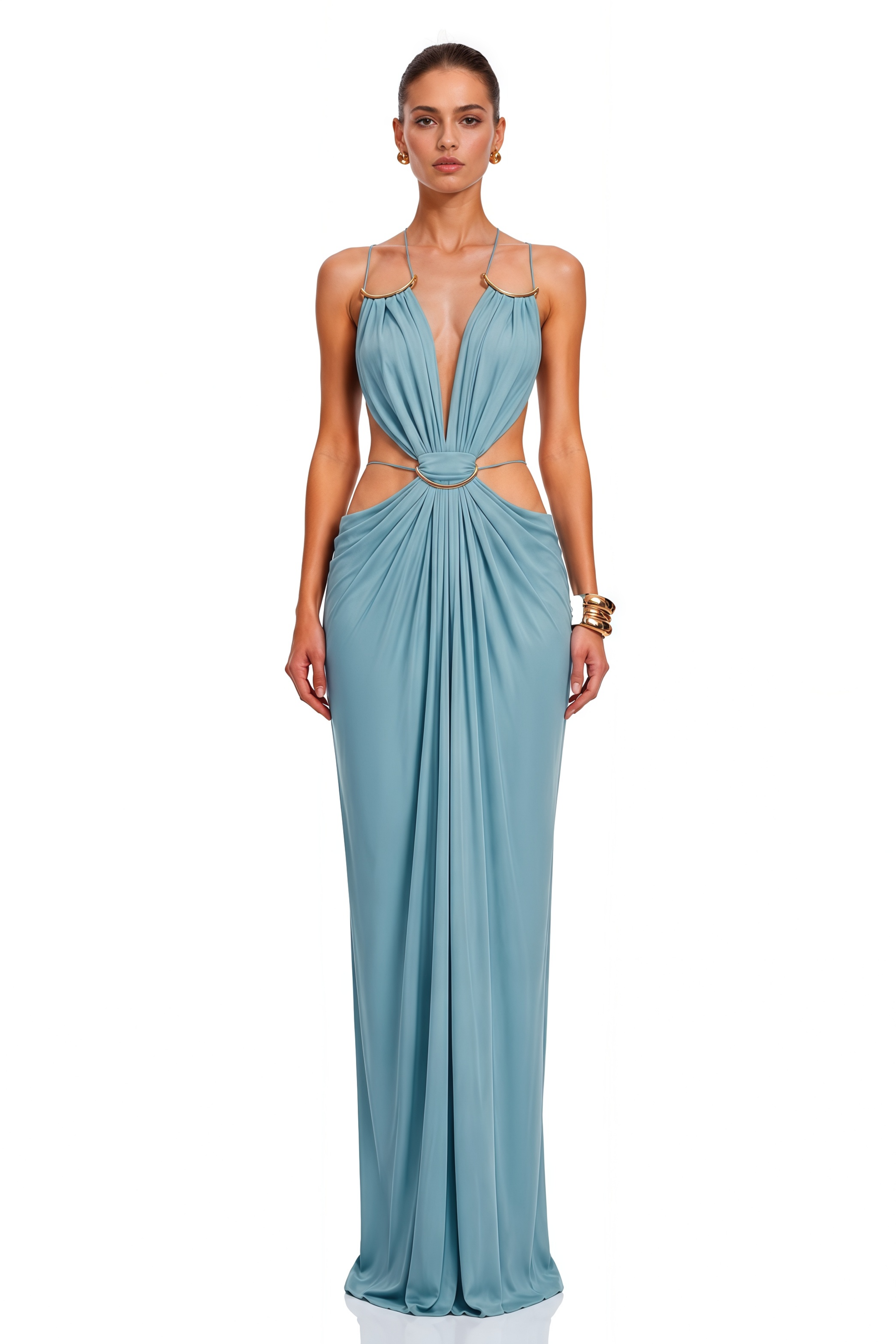 Robe longue bleu sienne à découpes et col licou