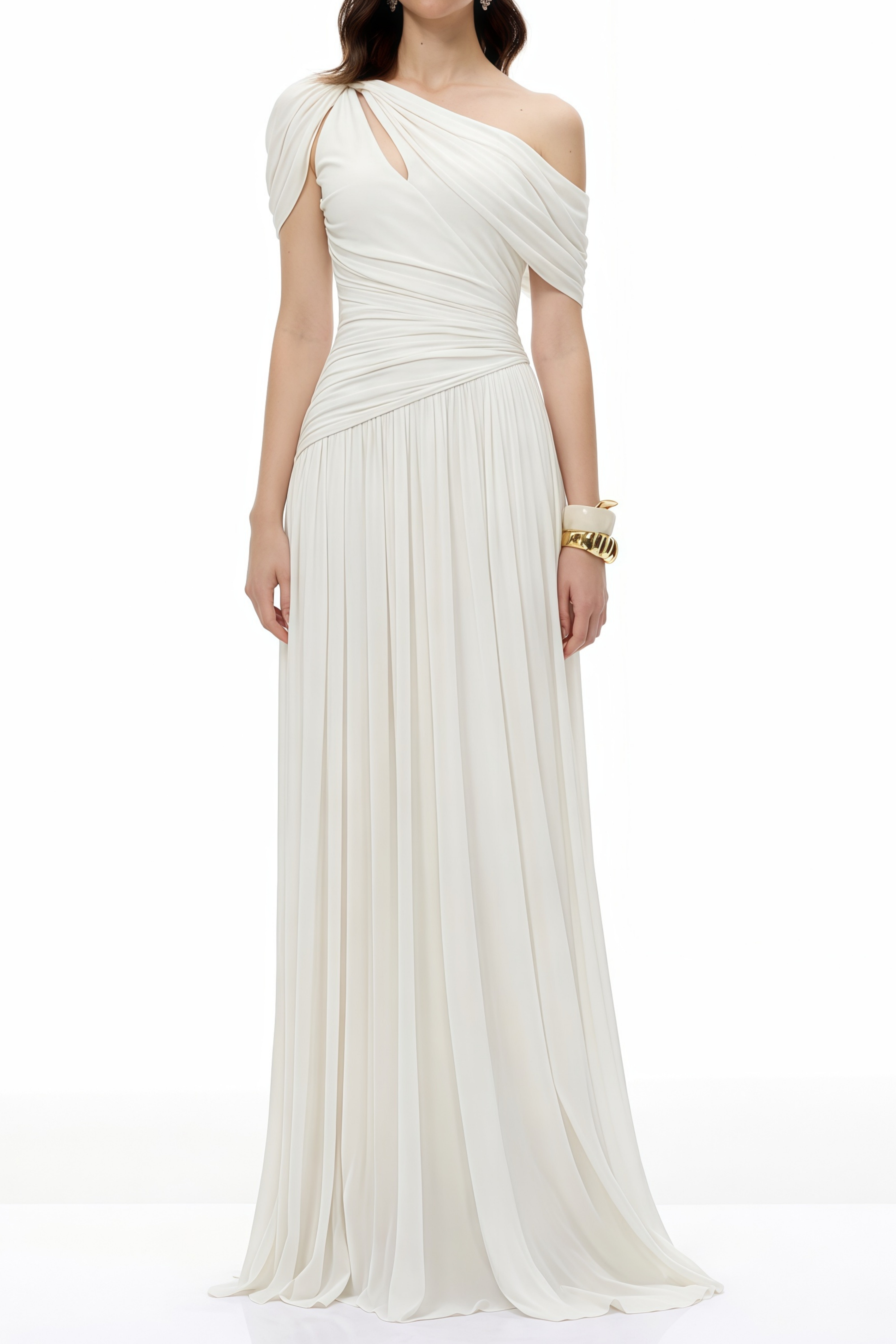 Sigrun White Asymmetrical Gathered Maxi Dress (Final Sale-US Only)