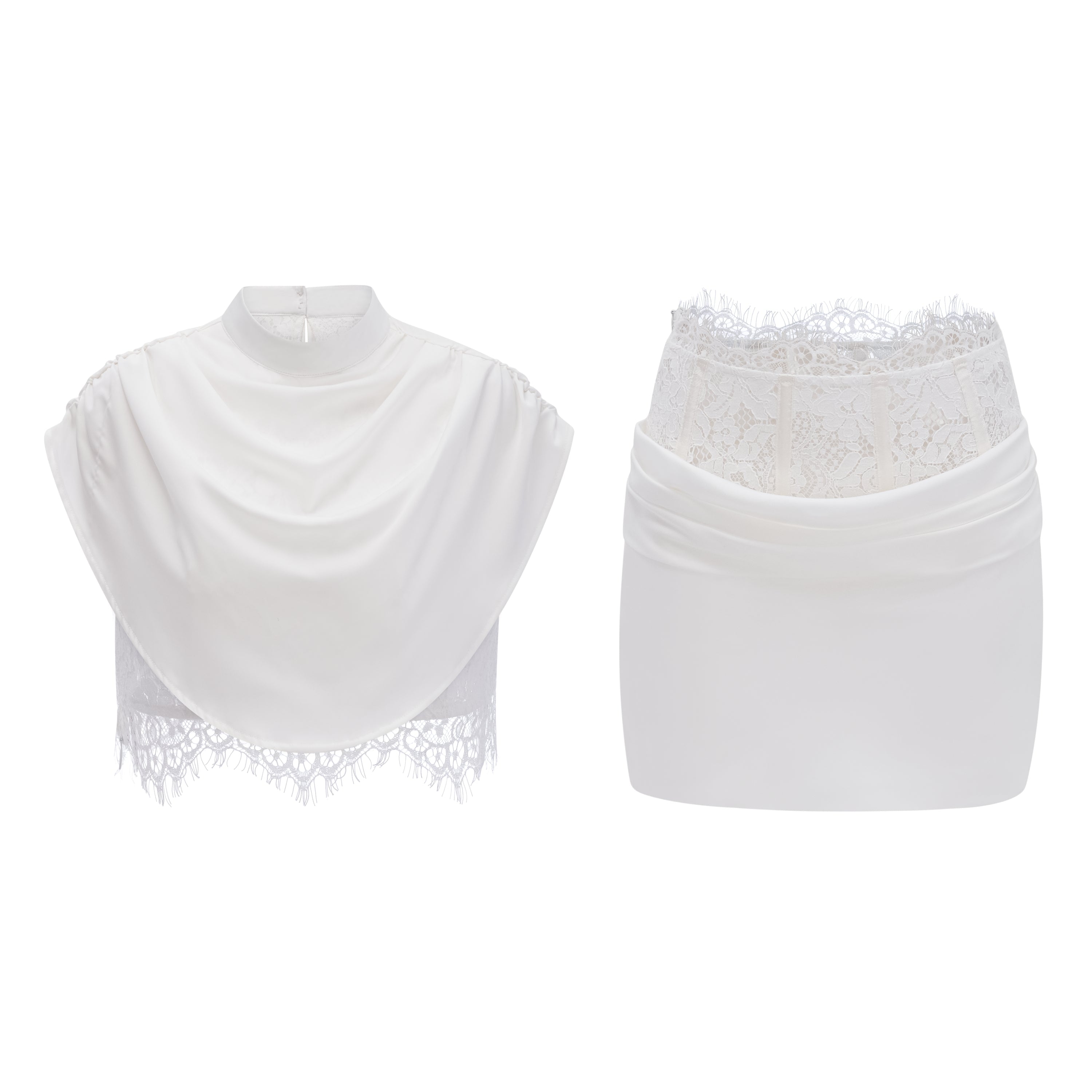 Siosi White Ruched Top & Skirt Set with Lace Trim