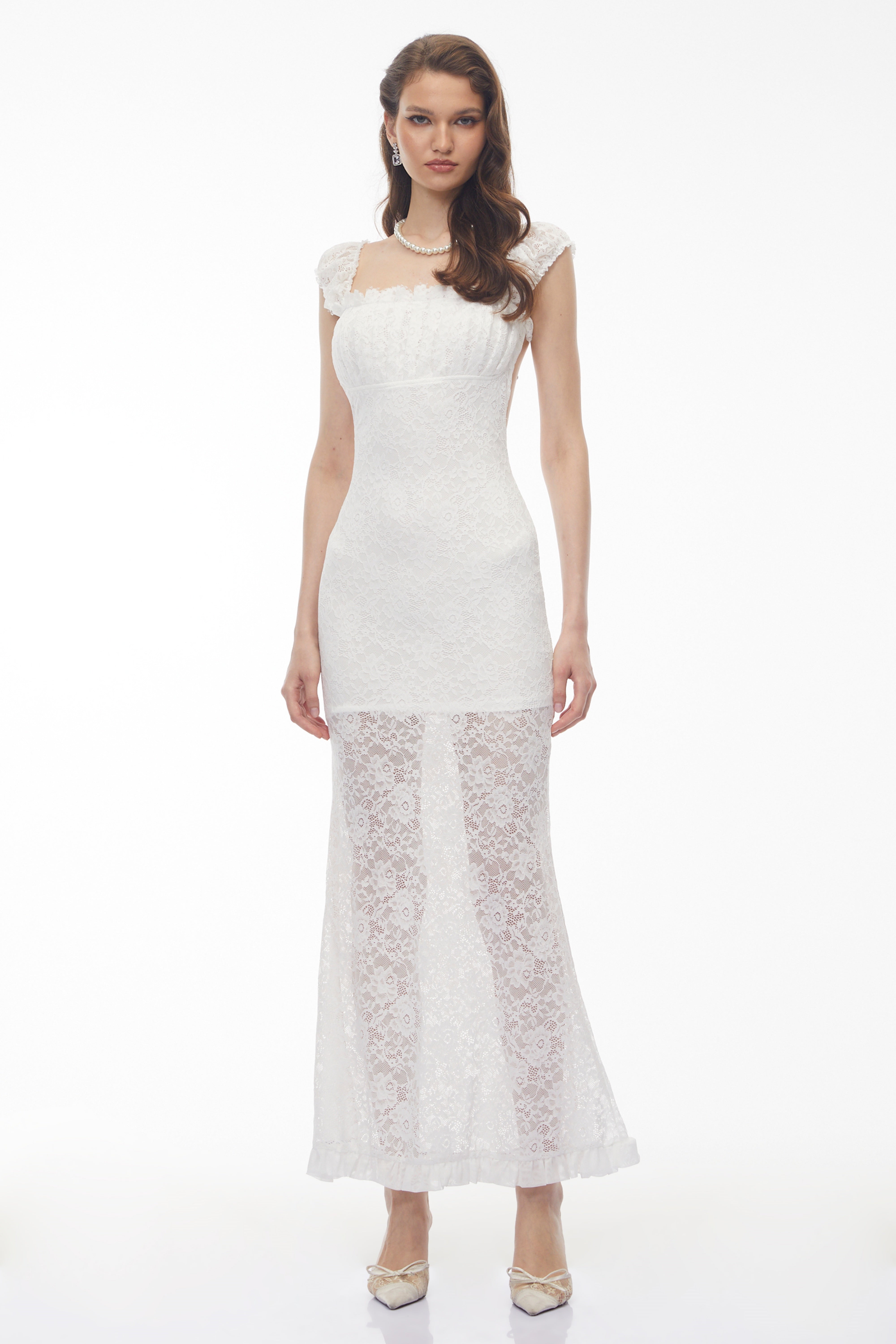 Snizhana White Ruffled Lace Fishtail Maxi Dress (Final Sale)
