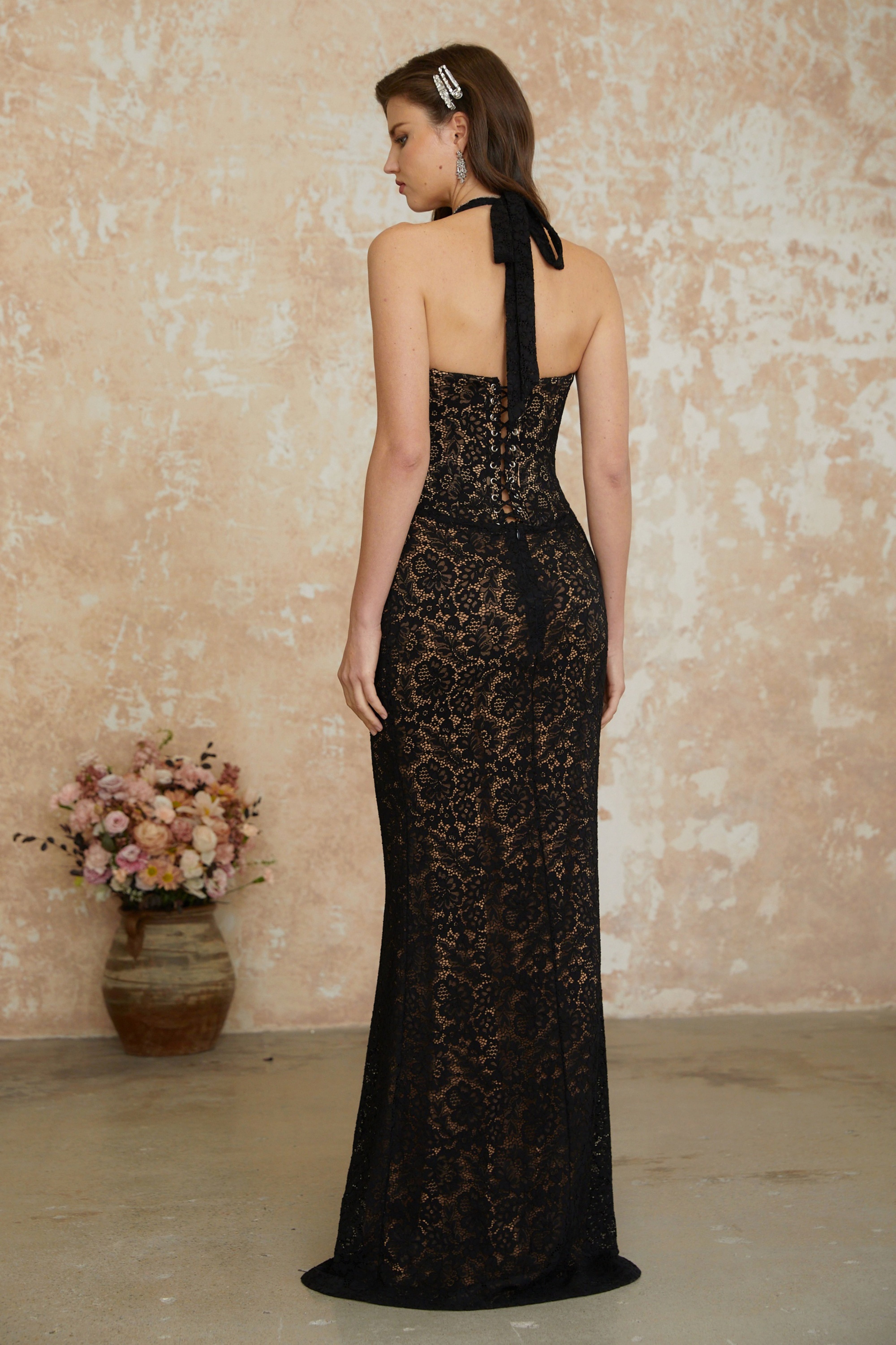 Sofia Black Floral Lace Corset Maxi Gown (Final Sale-US Only)