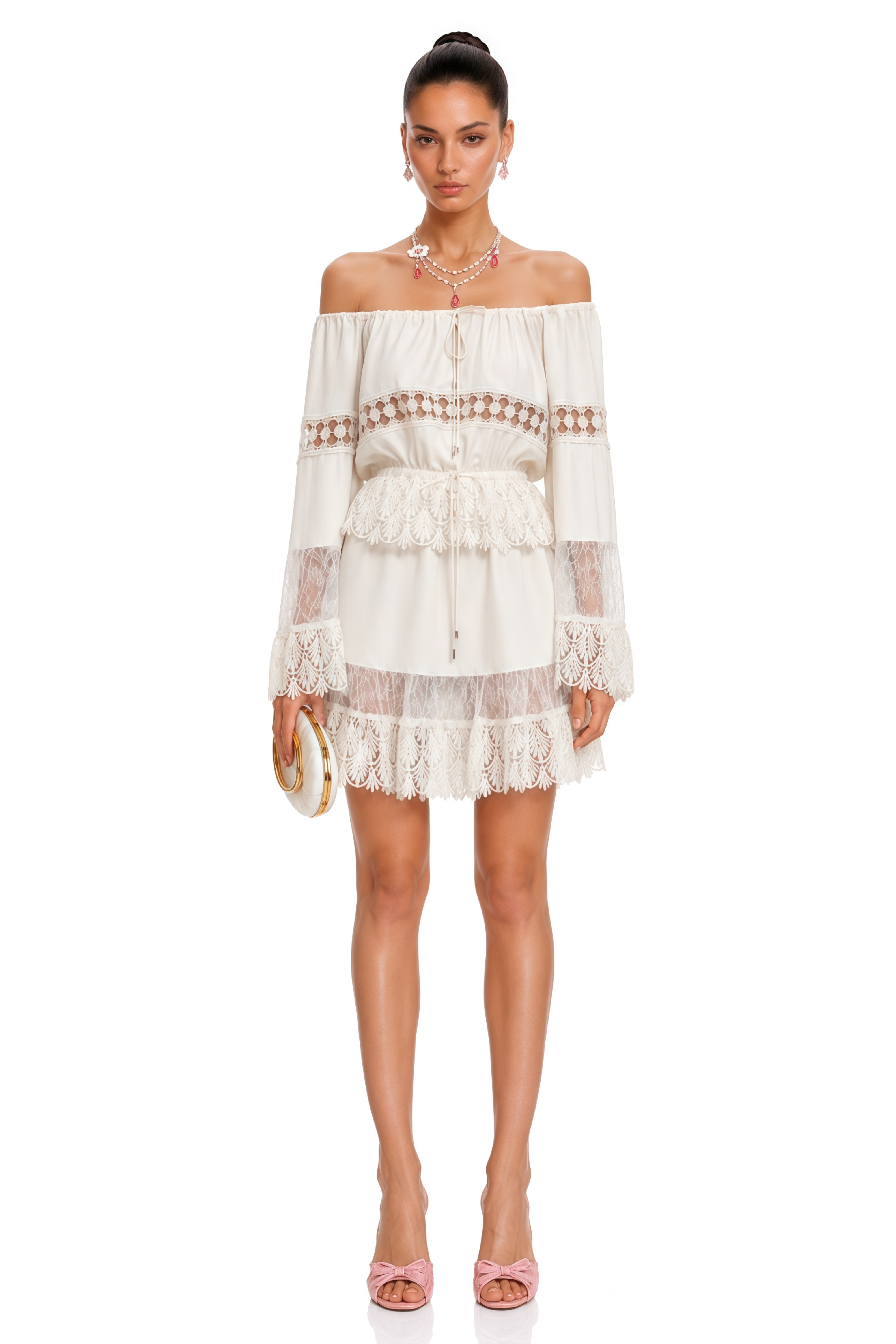 Solange White Off-Shoulder Lace Mini Dress