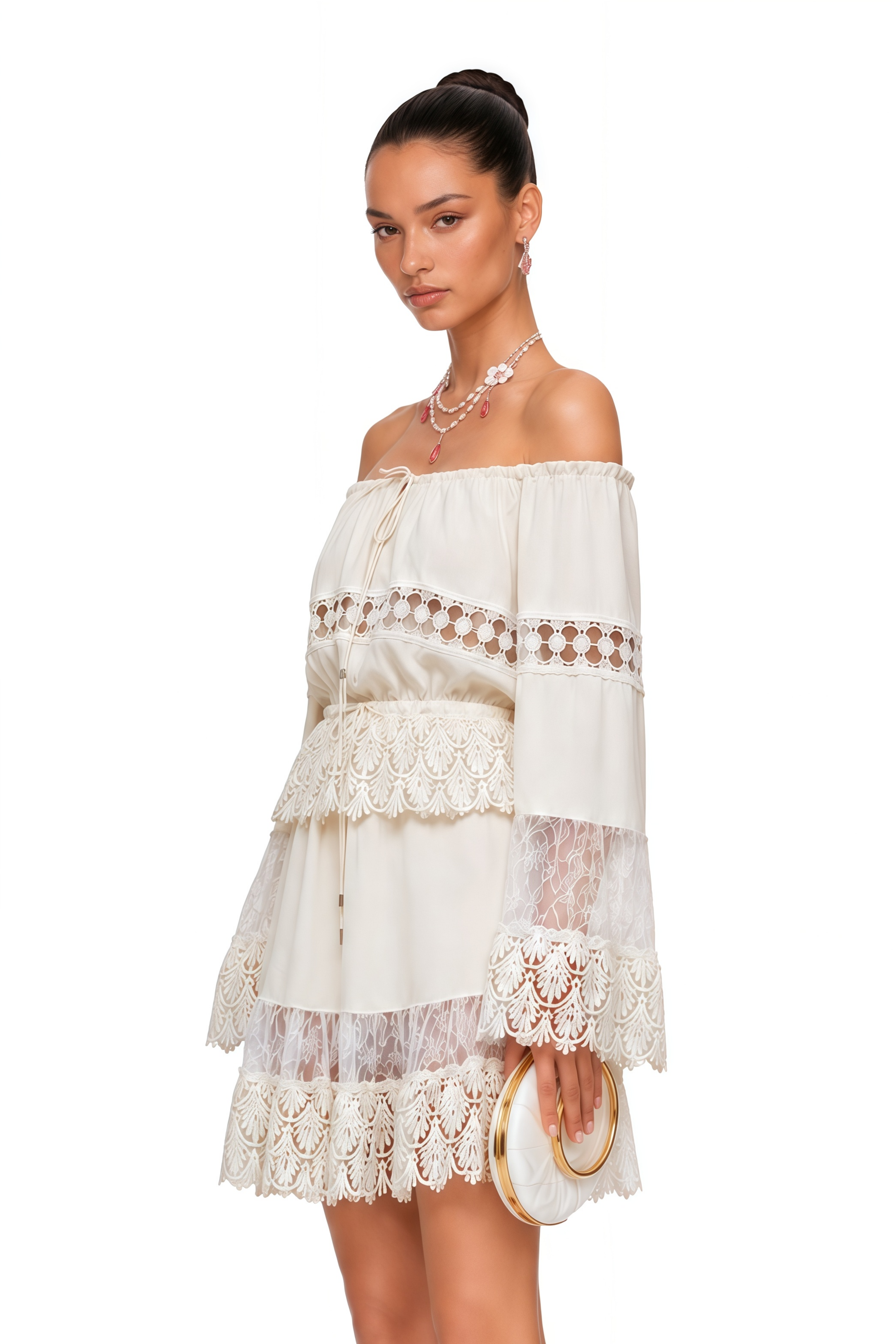 Solange White Off-Shoulder Lace Mini Dress