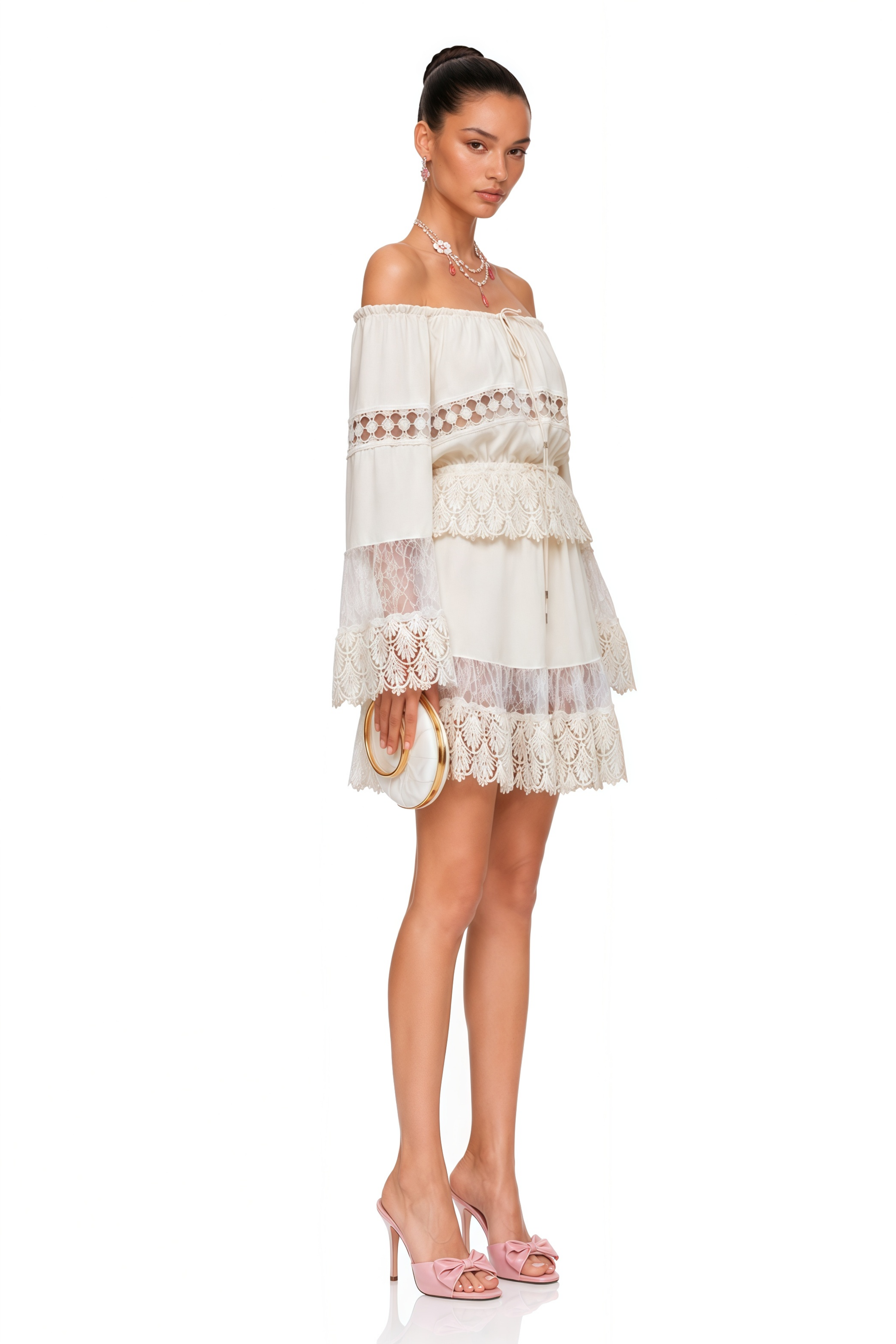 Solange White Off-Shoulder Lace Mini Dress