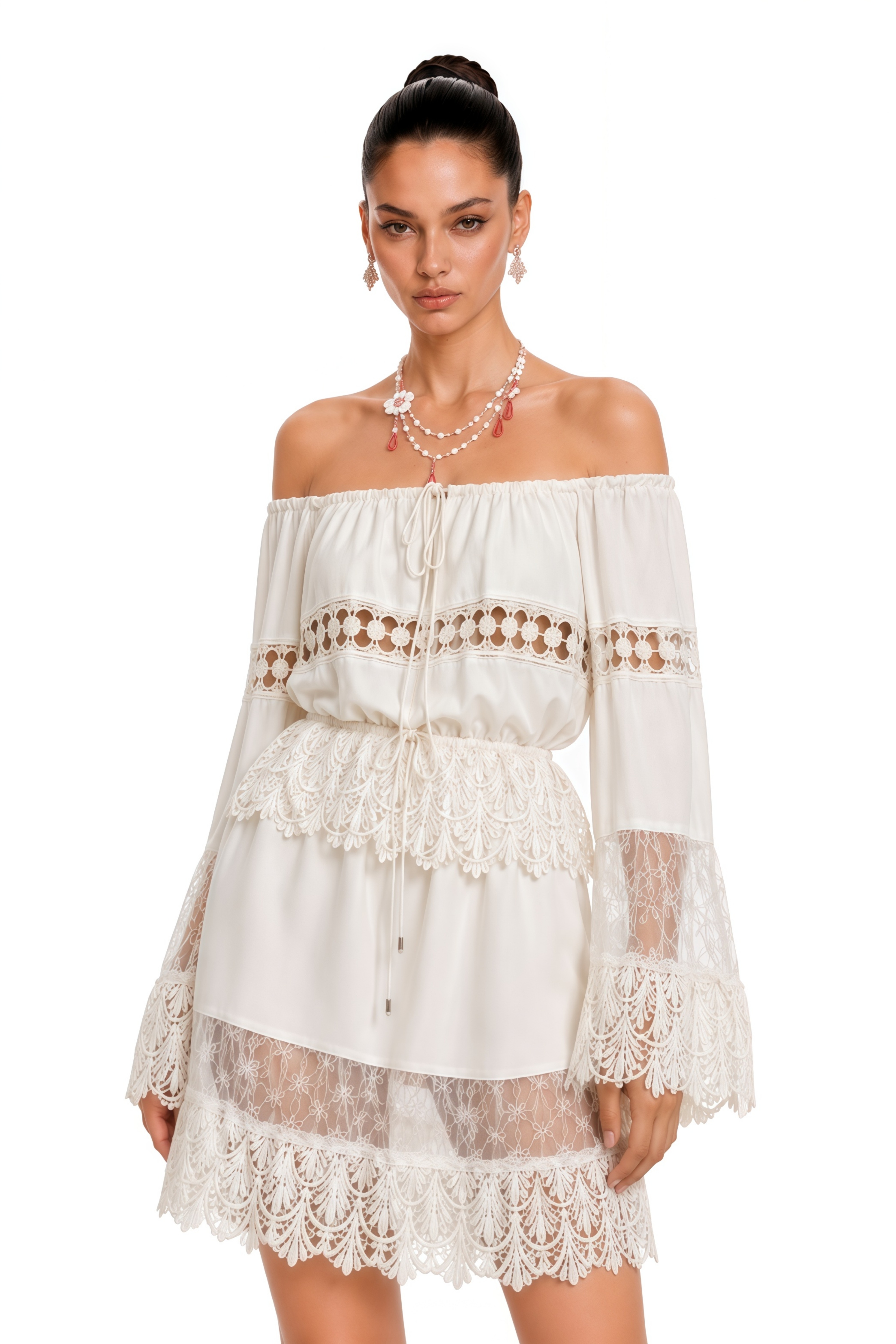 Solange White Off-Shoulder Lace Mini Dress