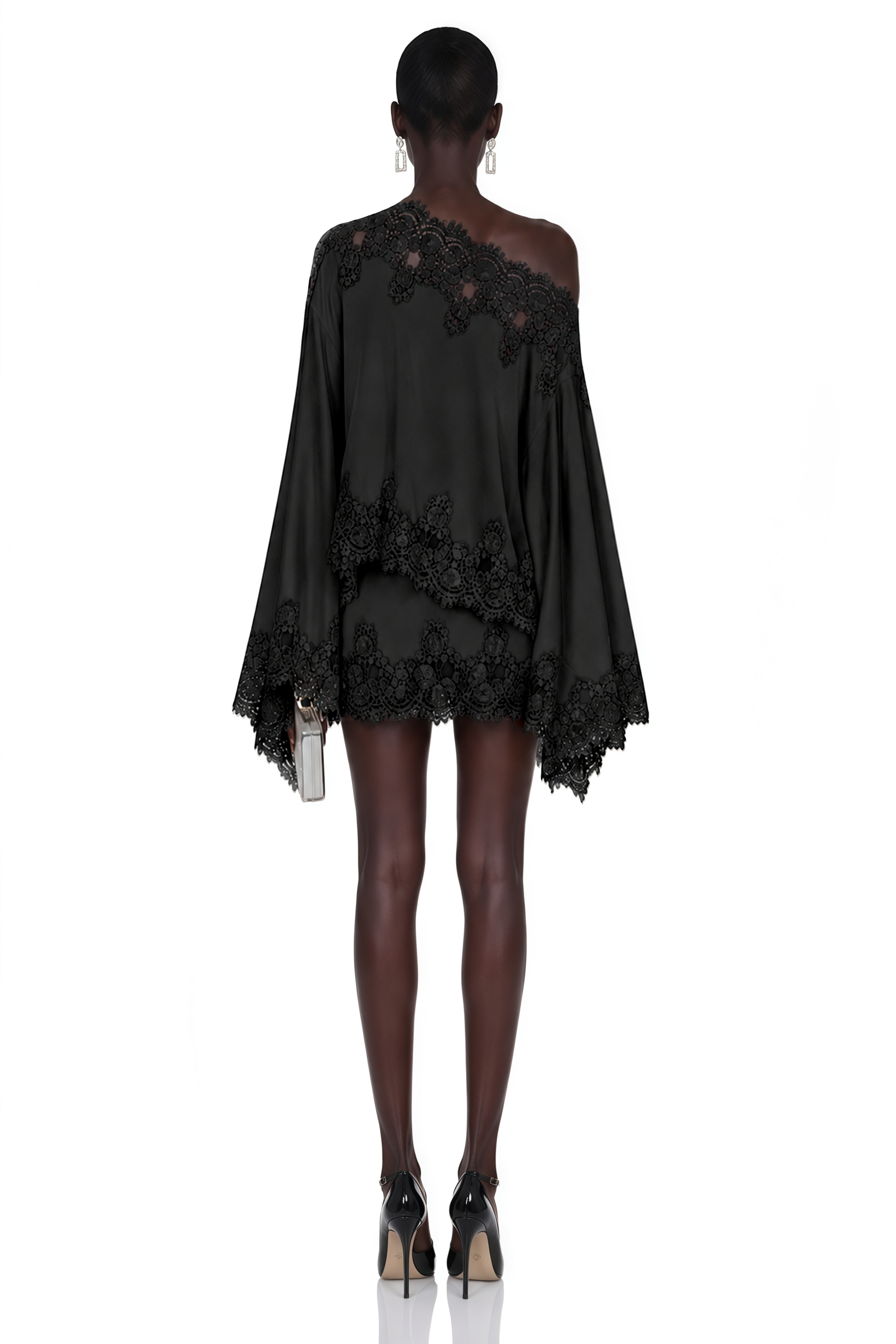 Sophia Black One Shoulder Top & Skirt Set with Black Lace Trim