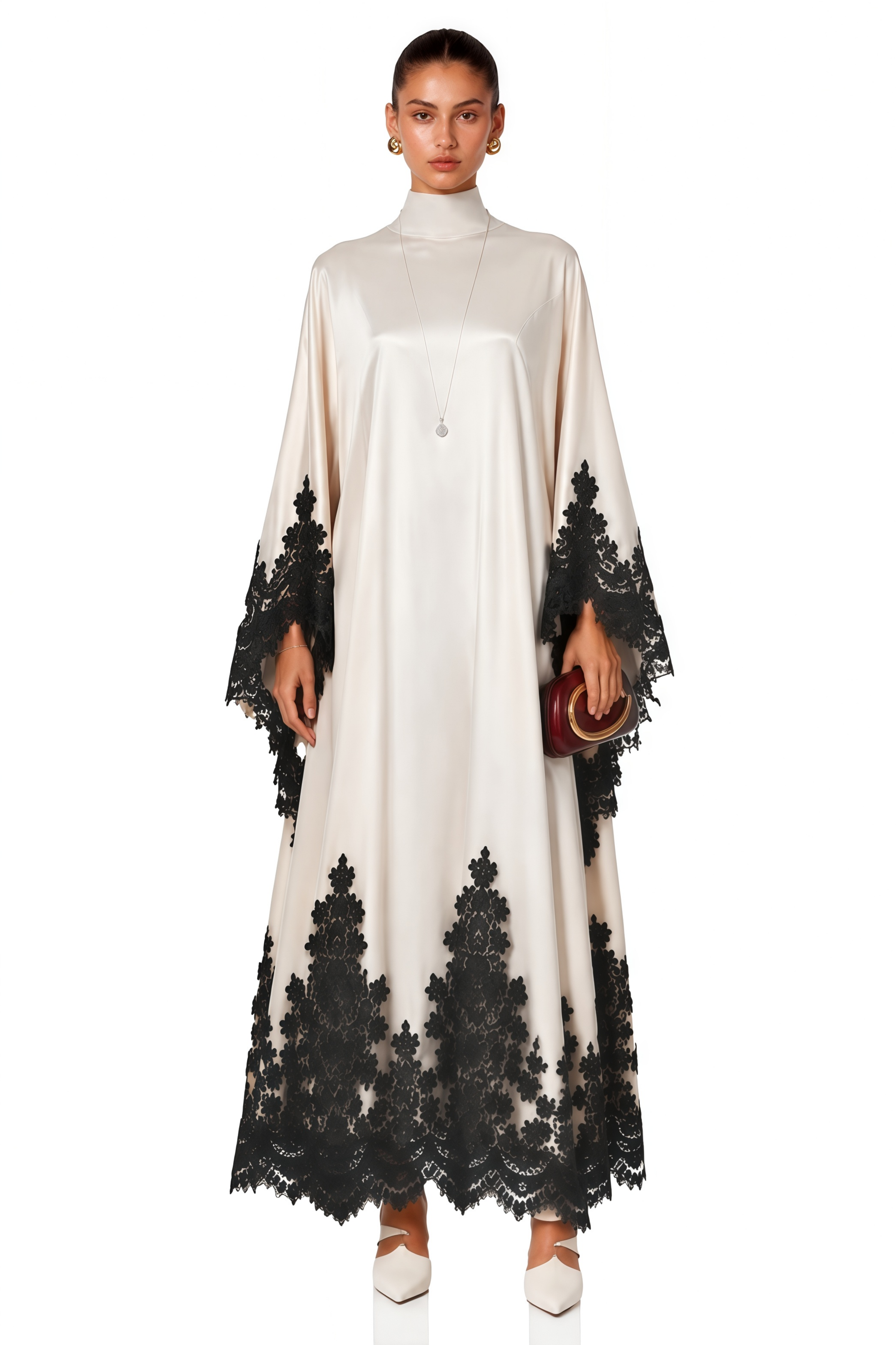 Sophia Cream High Neck Maxi Dress with Lace Trim