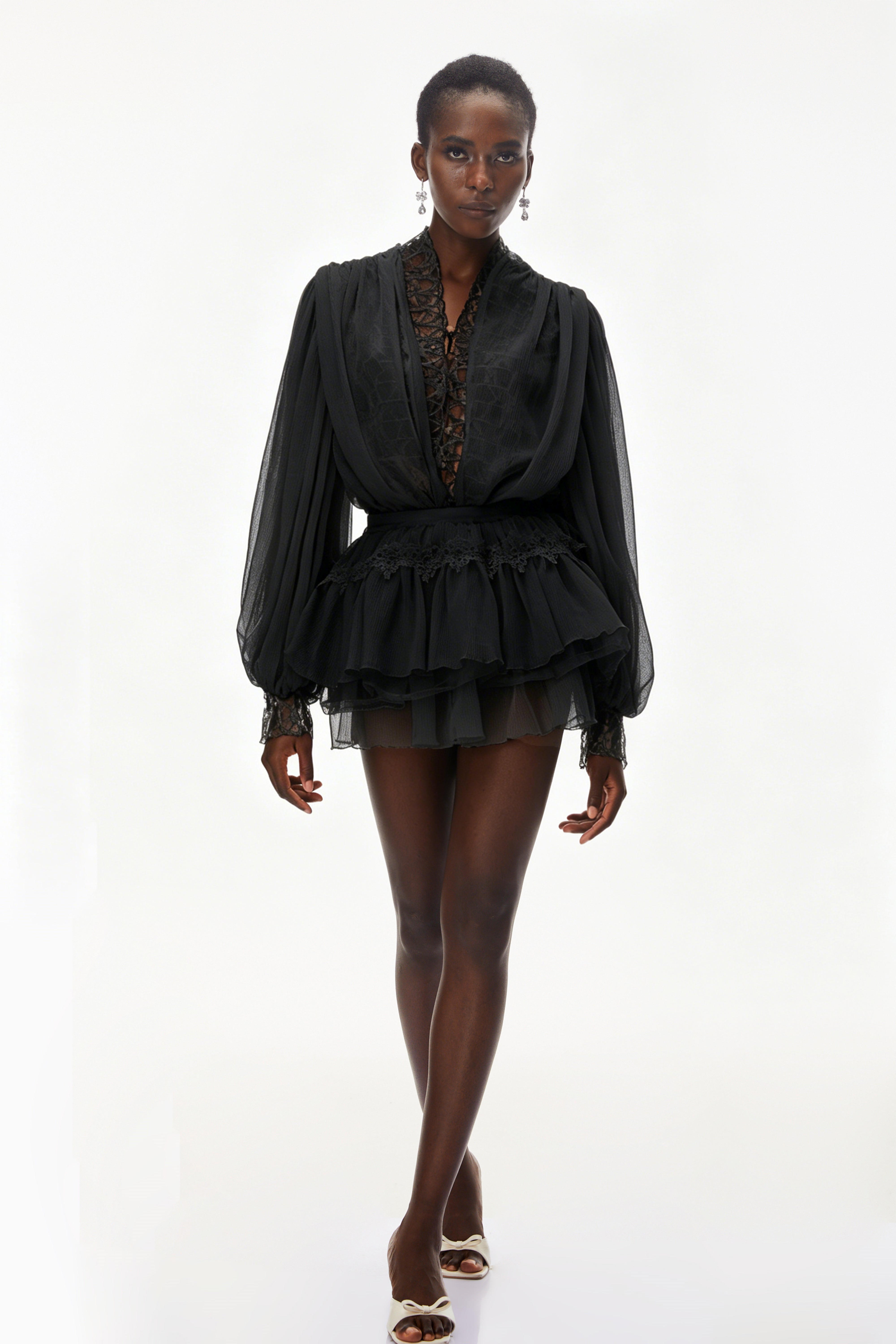 Black Sheer Lace Lantern Sleeve Layered Mini Dress