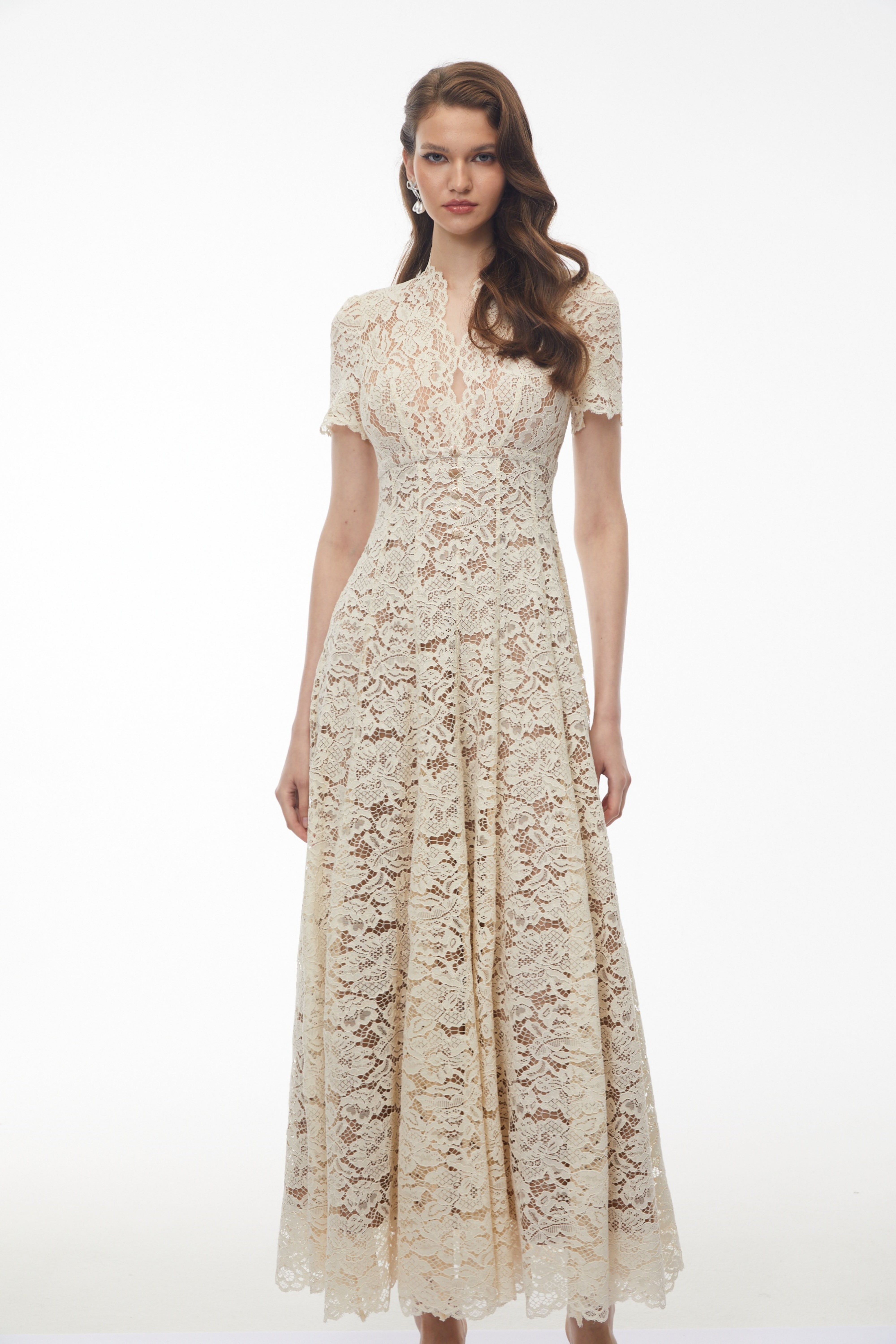 Sophie Cream Plunge Neck Floral Lace Maxi Dress (Final Sale-US Only)
