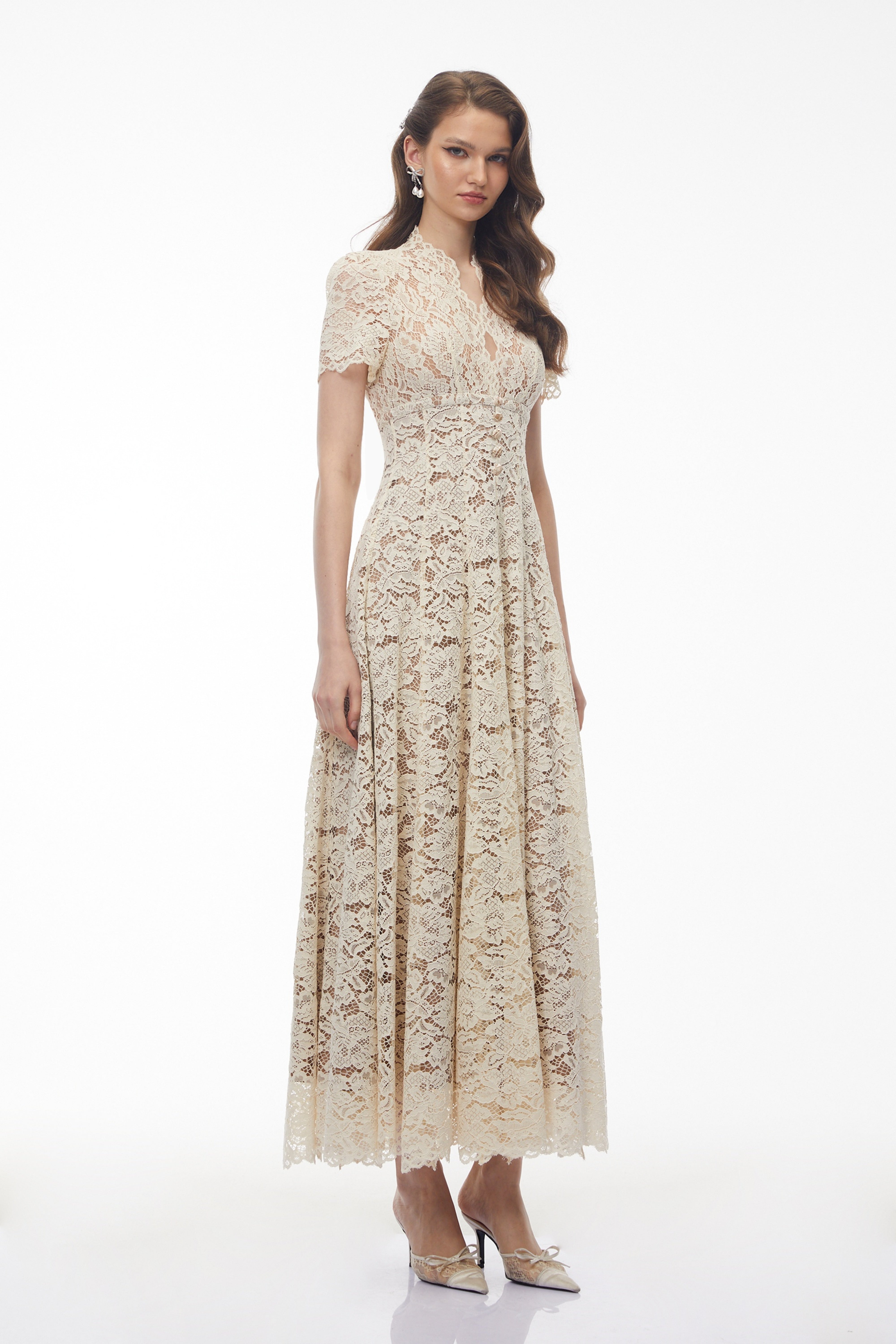Sophie Cream Plunge Neck Floral Lace Maxi Dress (Final Sale-US Only)