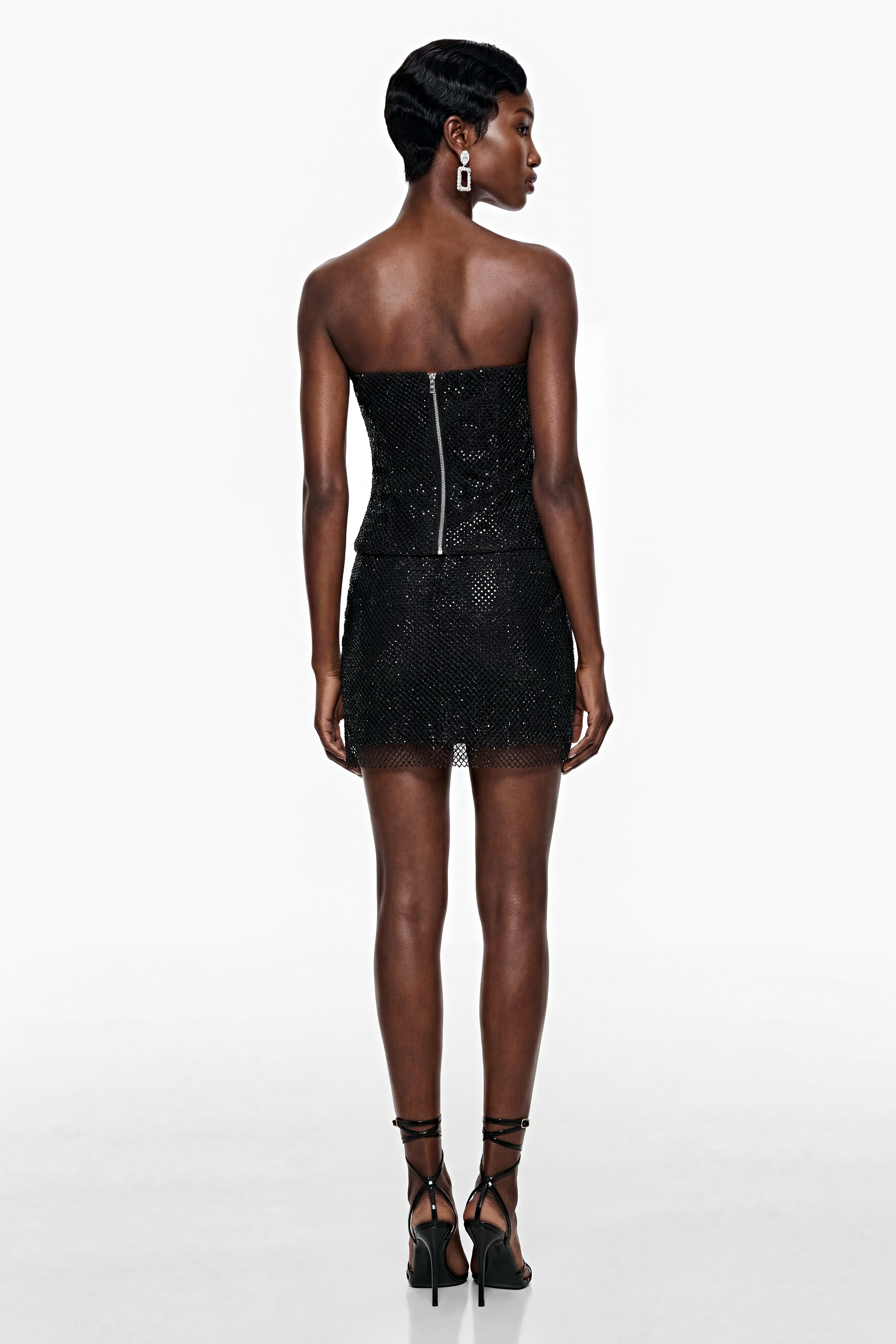 Suné Black Rhinestone Ruched Top & Skirt Set (Final Sale)