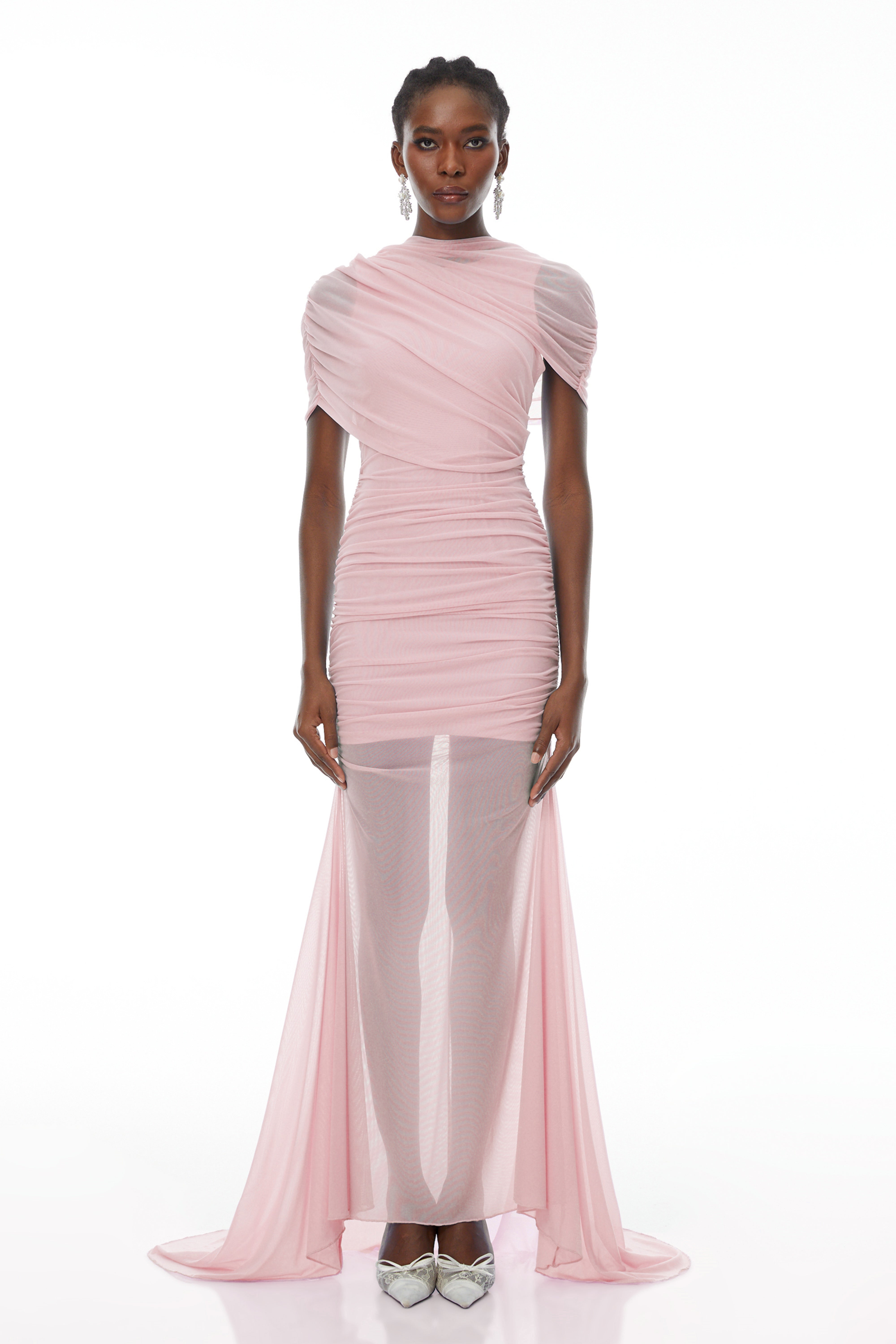 Asymmetrical Ruched Mesh Maxi Dress