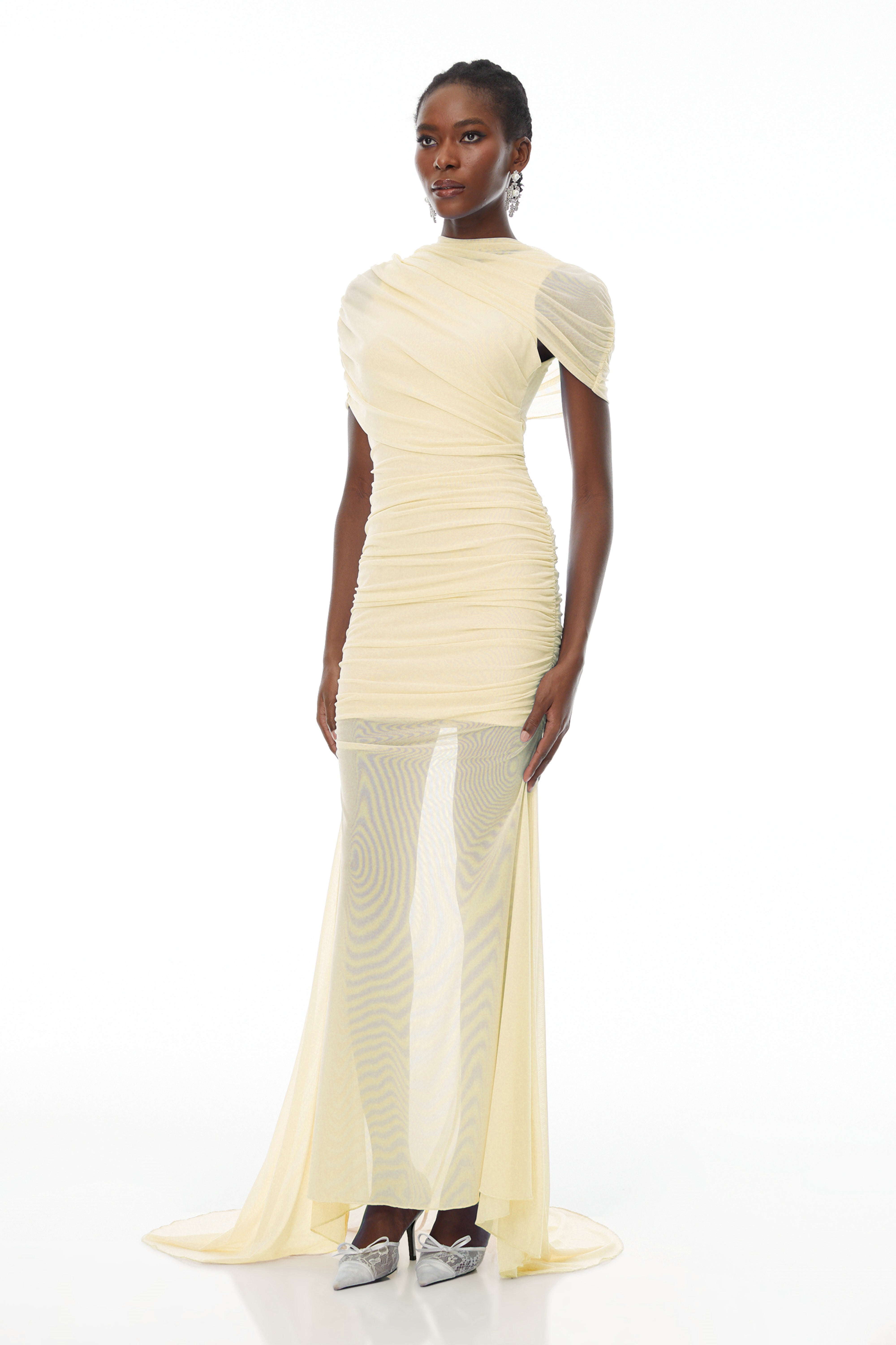 Sylphe Yellow Asymmetrical Ruched Mesh Maxi Dress (Final Sale)