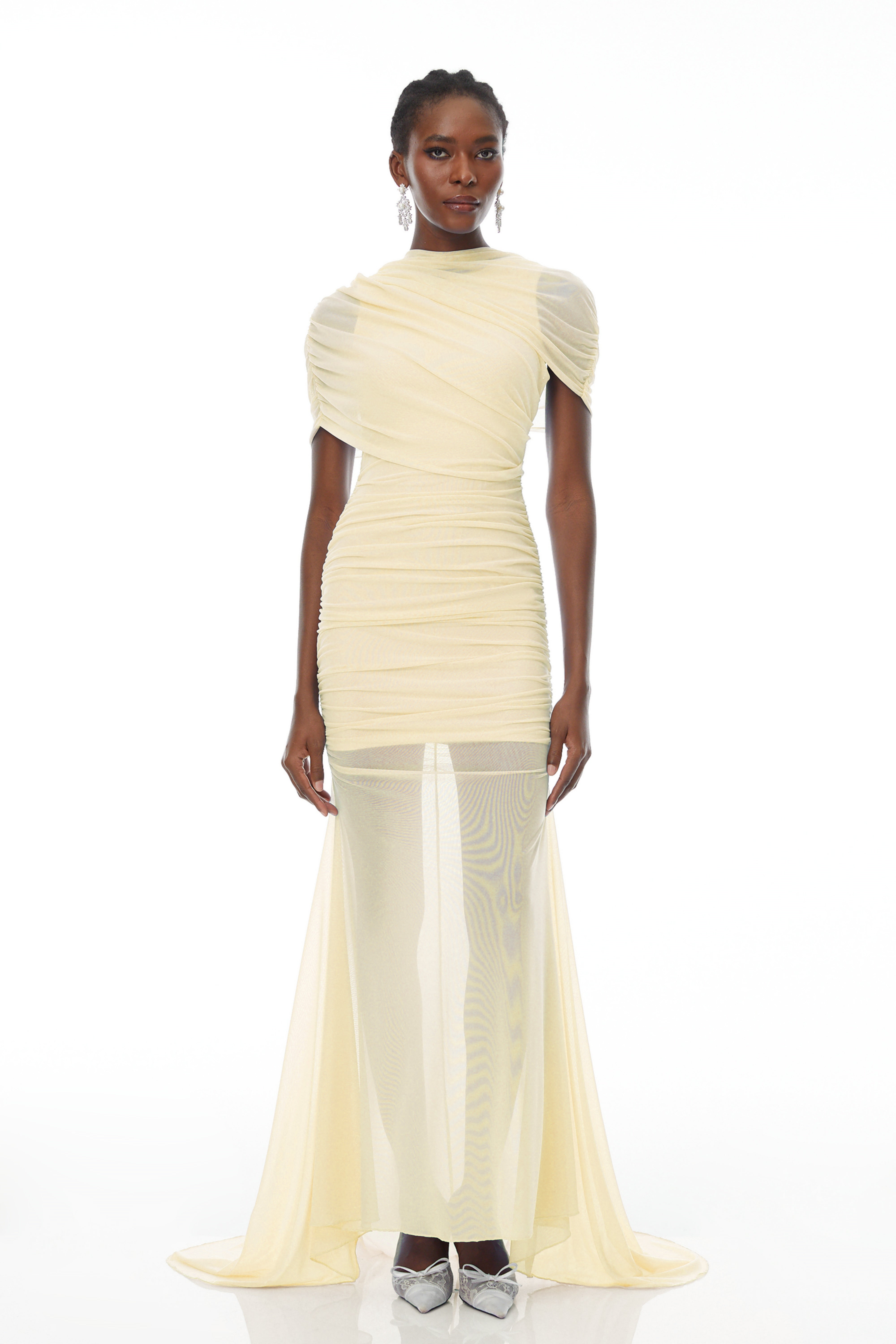 Sylphe Yellow Asymmetrical Ruched Mesh Maxi Dress (Final Sale)