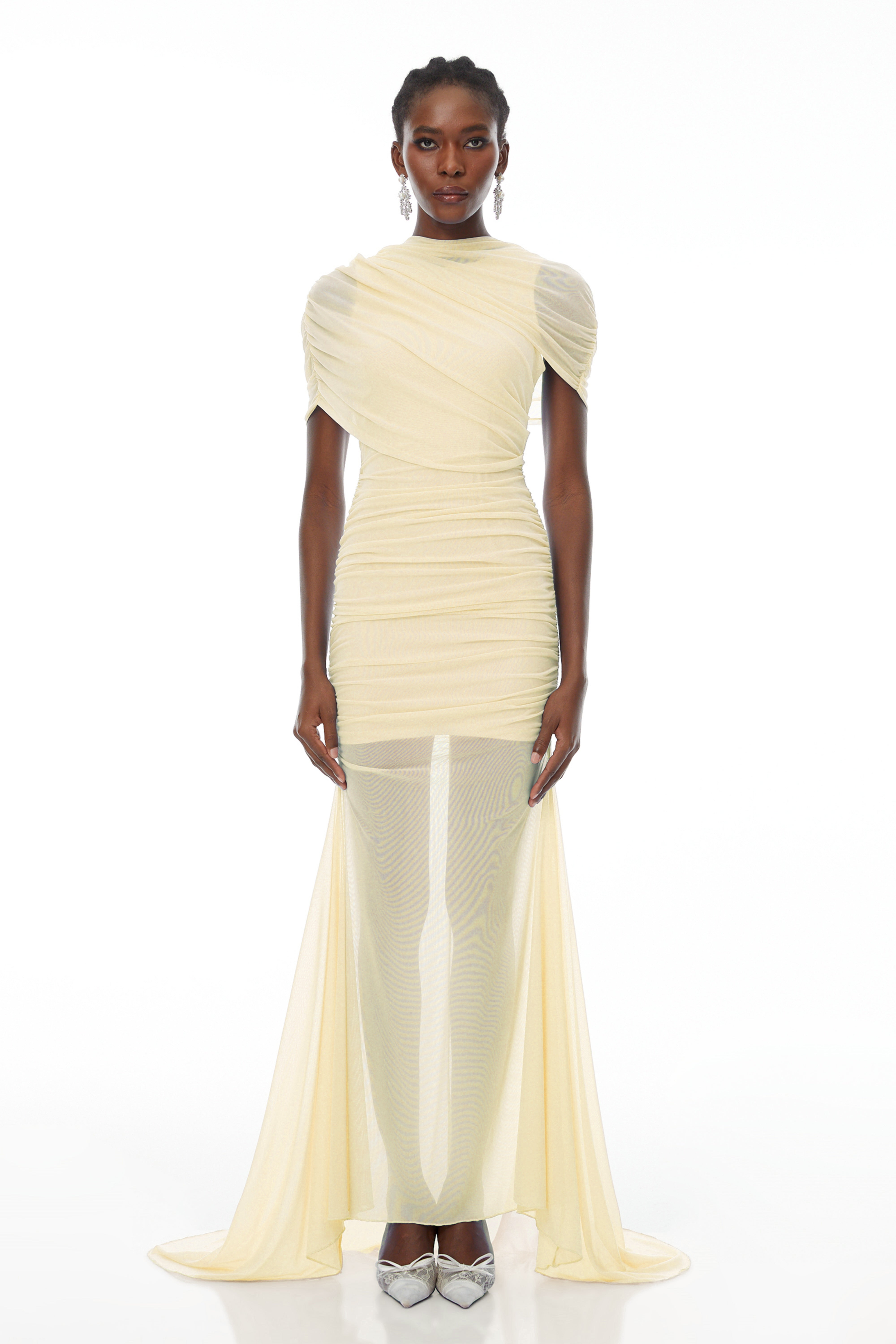 Sylphe Yellow Asymmetrical Ruched Mesh Maxi Dress (Final Sale)