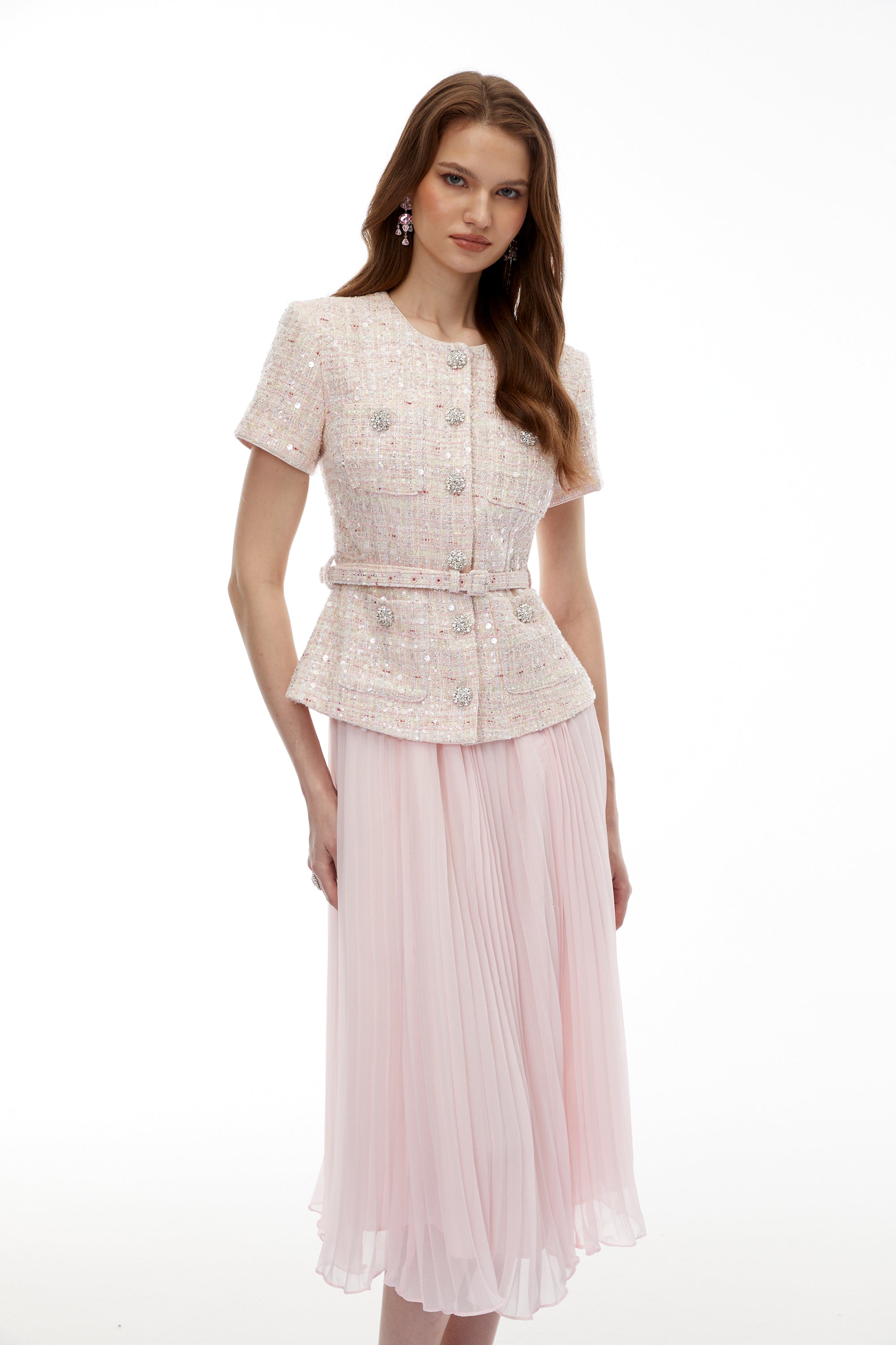 Tahmineh Pink Tweed Pleated Midi Dress (Final Sale-US Only)