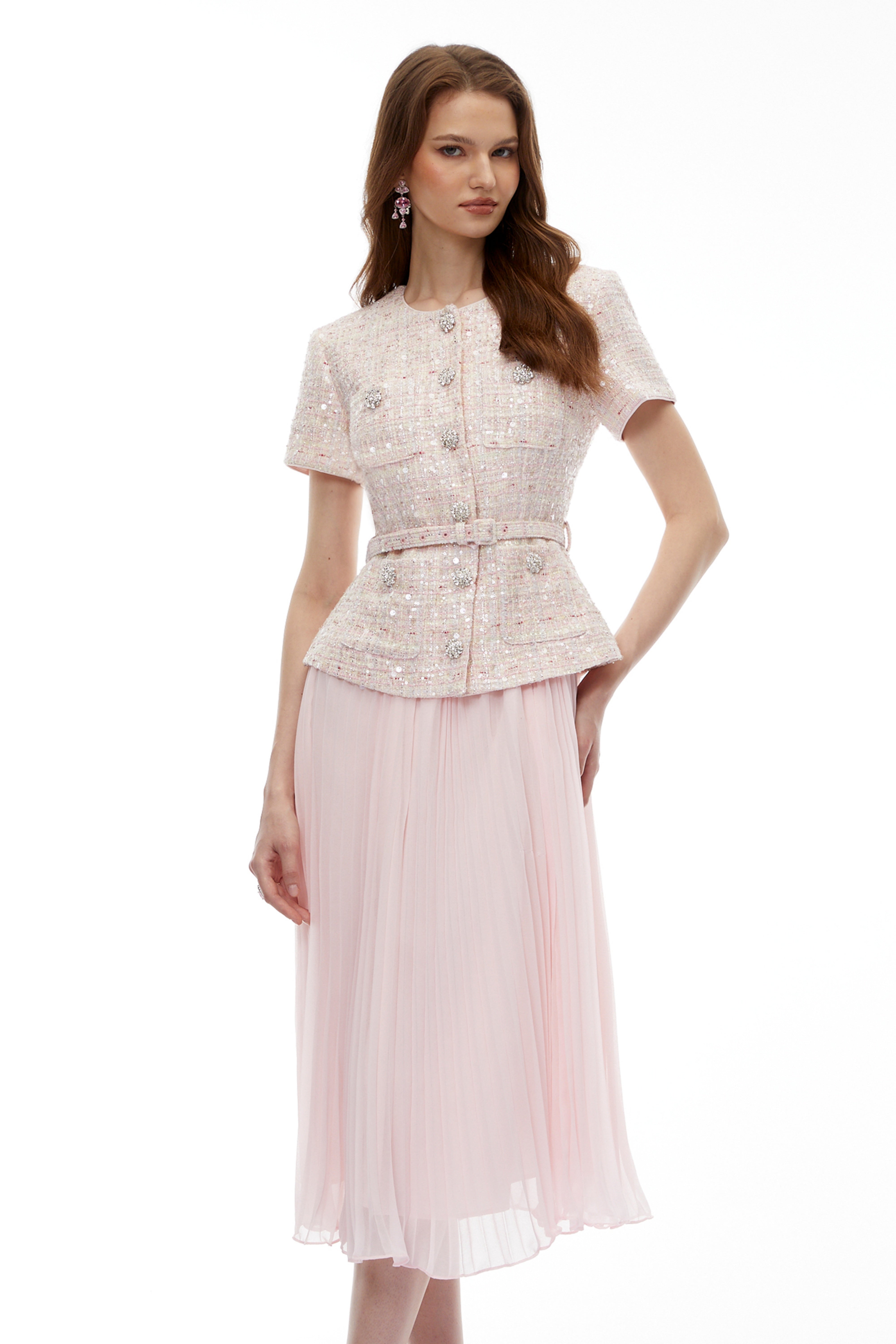 Tahmineh Pink Tweed Pleated Midi Dress (Final Sale-US Only)