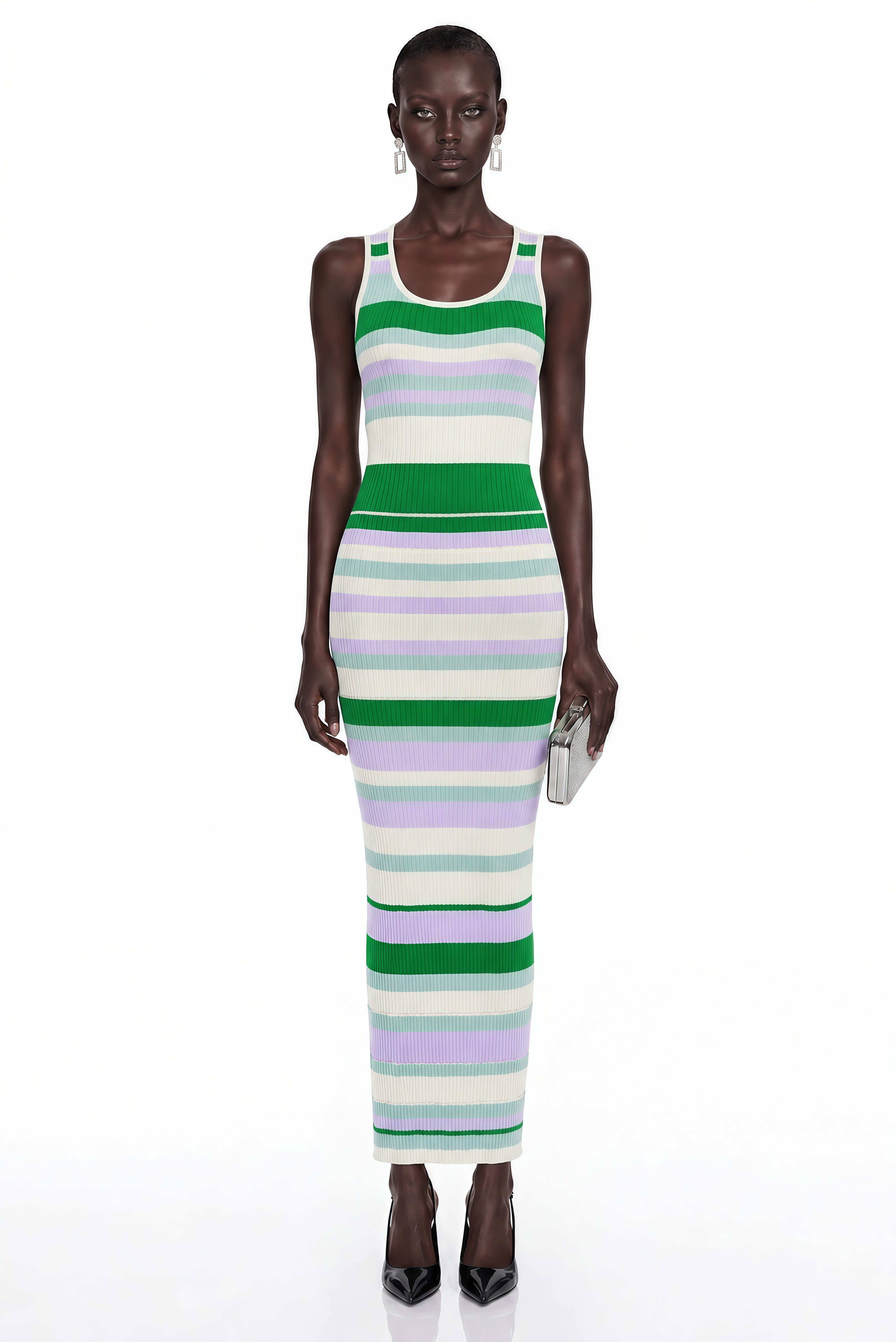 فستان طويل من تانيا غرين برقبة مستديرة وخطوط أفقية