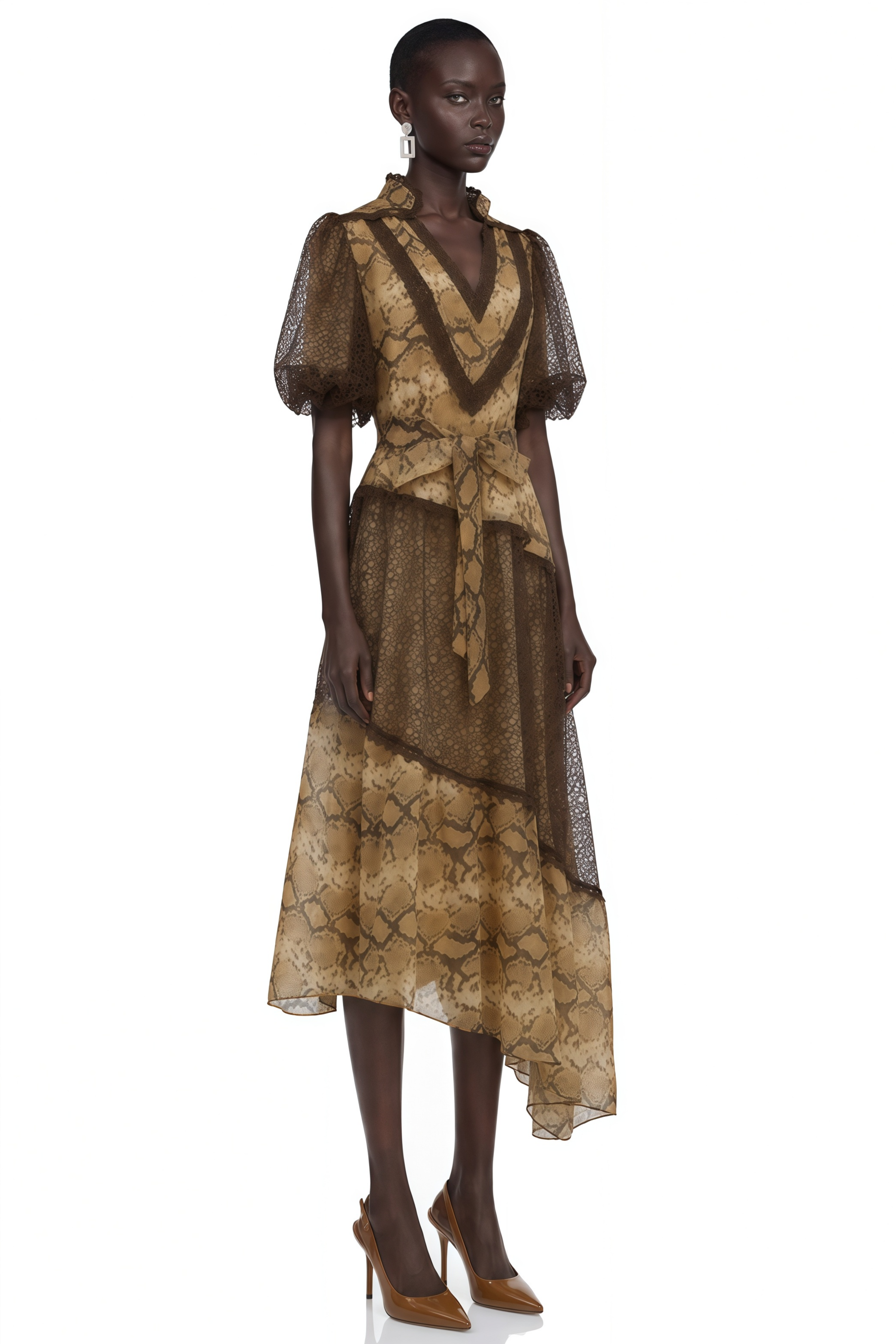 Thalassa Brown Lace V-Neck Midi Dress