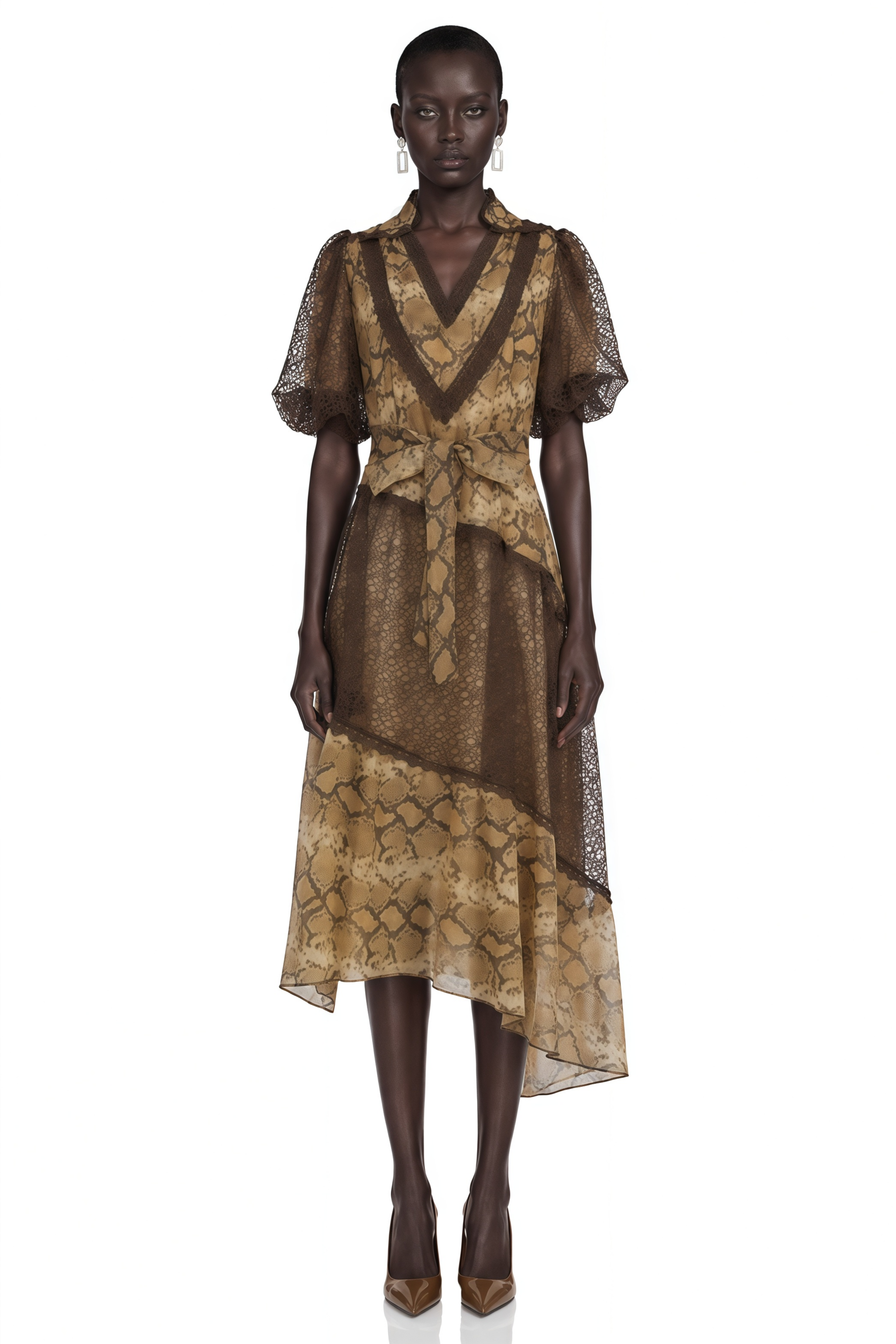Thalassa Brown Lace V-Neck Midi Dress