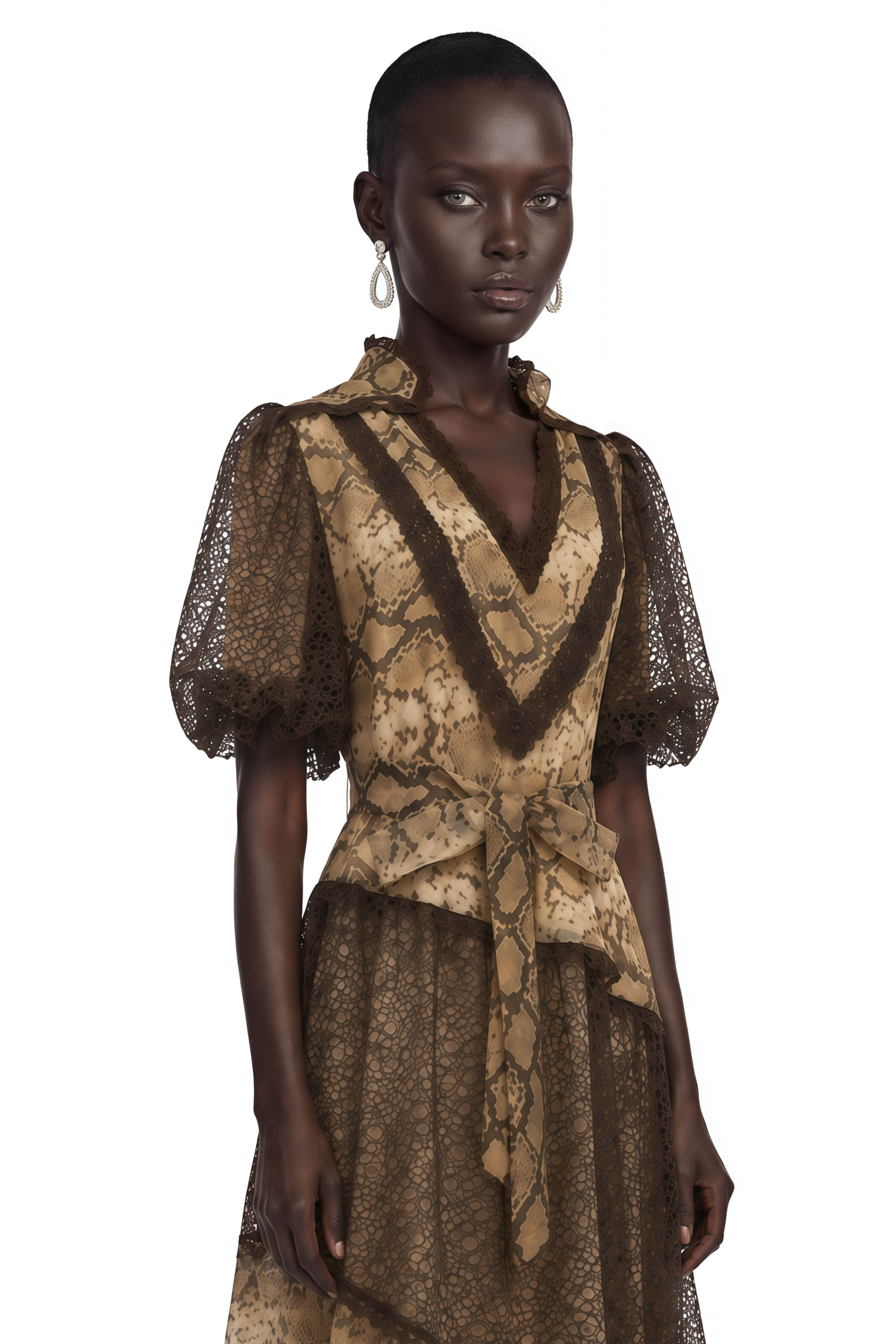 Thalassa Brown Lace V-Neck Midi Dress