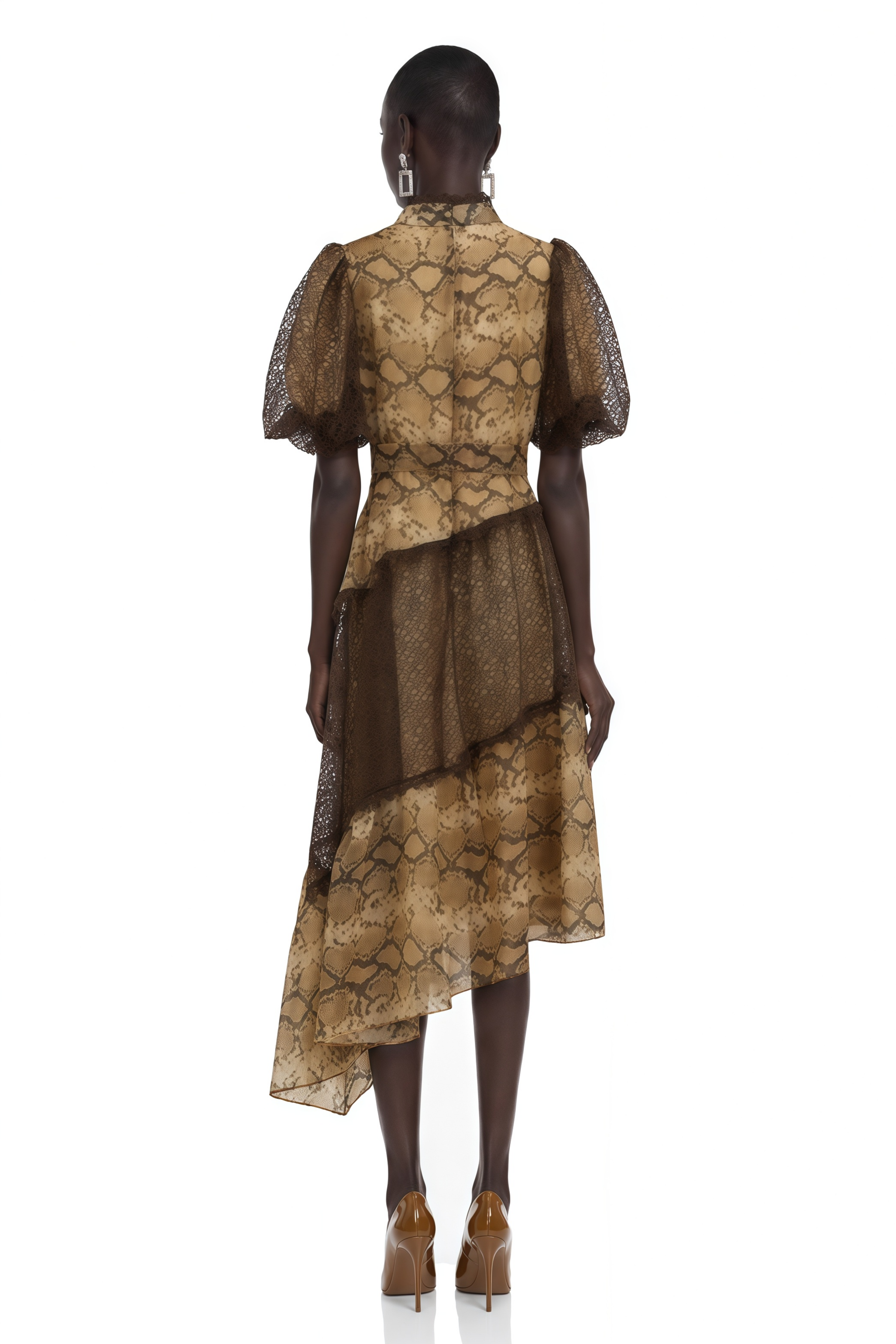 Thalassa Brown Lace V-Neck Midi Dress