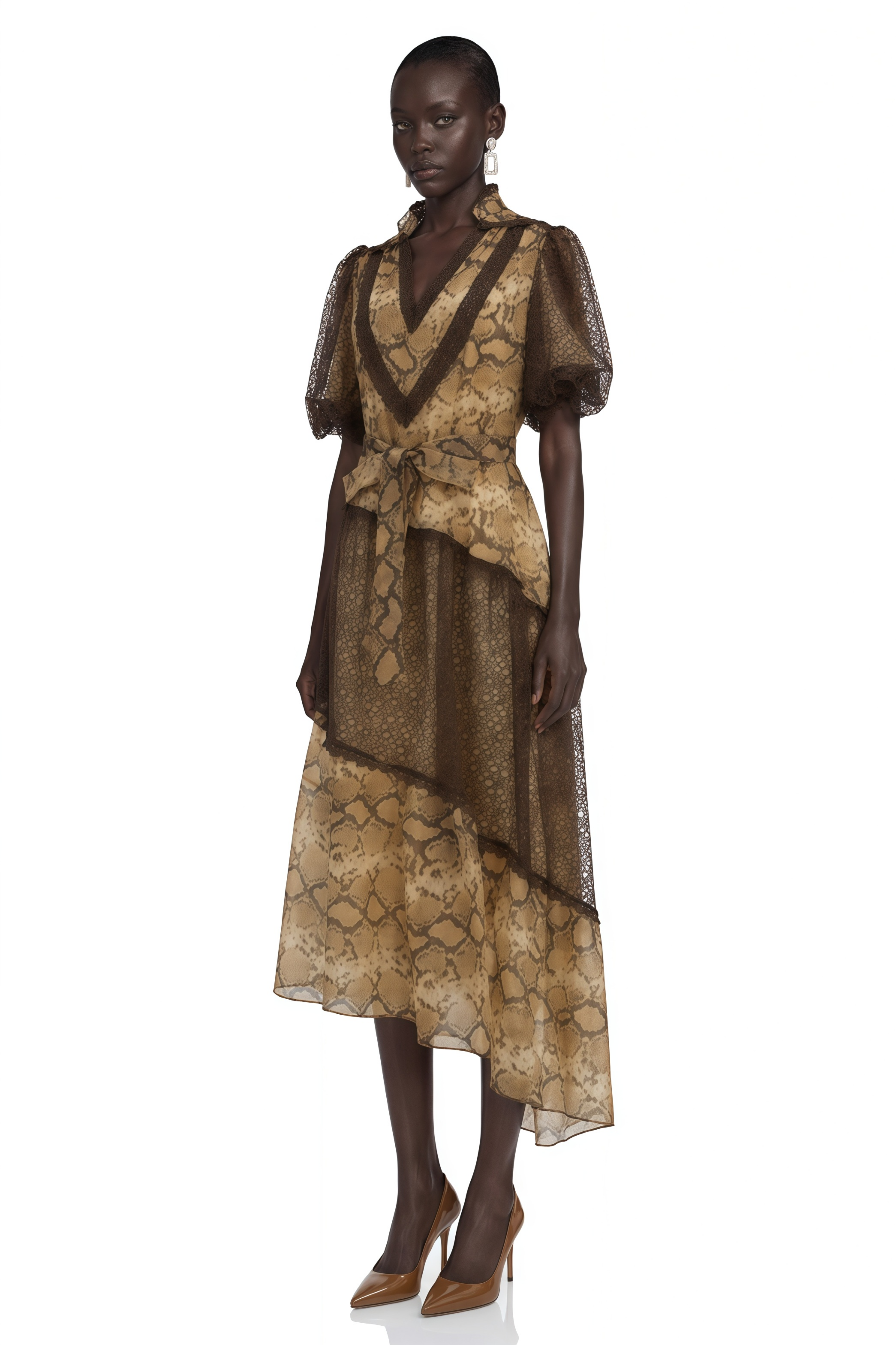 Thalassa Brown Lace V-Neck Midi Dress