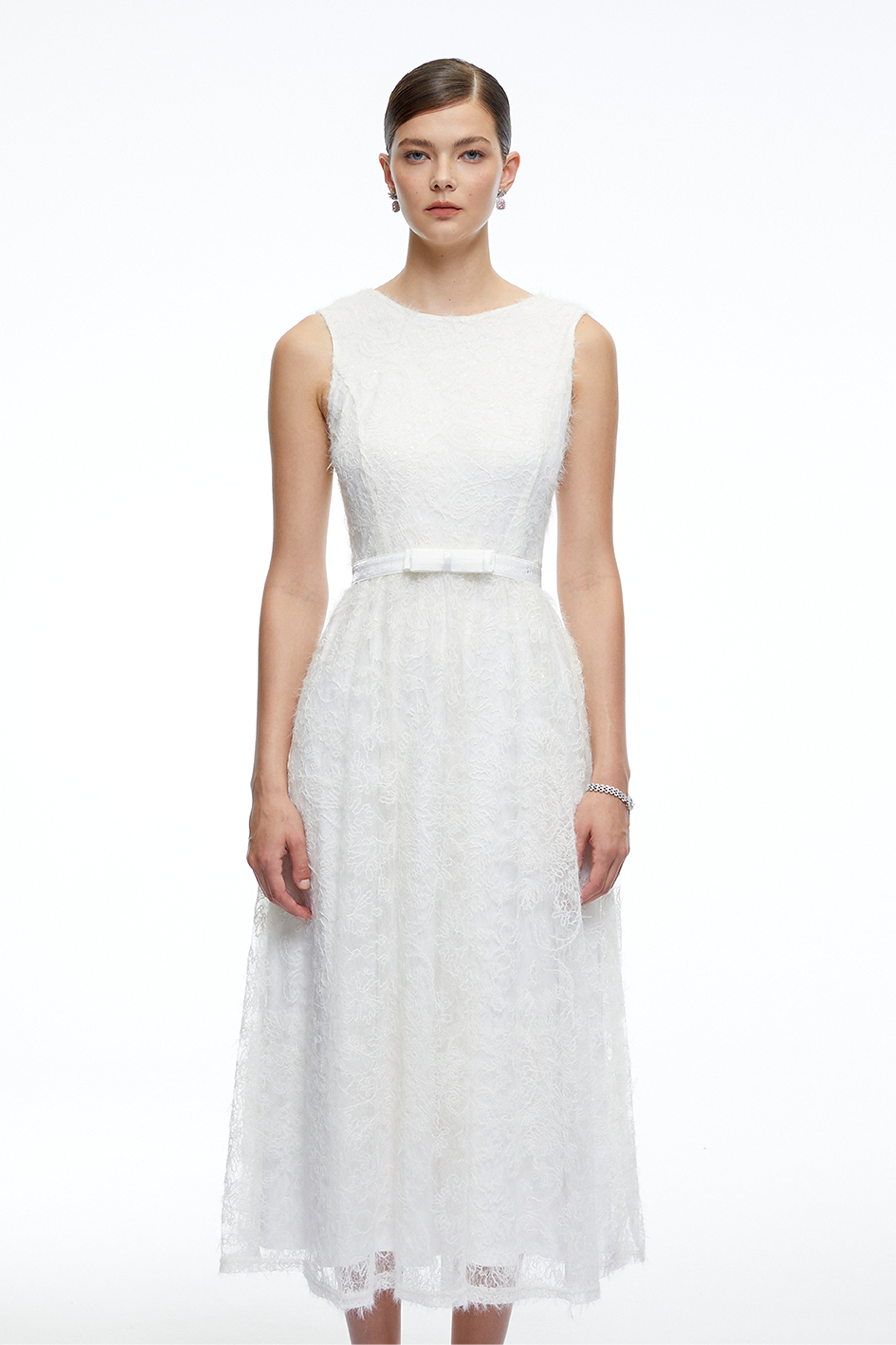 Thea White Textured Sleeveless Midi Dress with Fringe